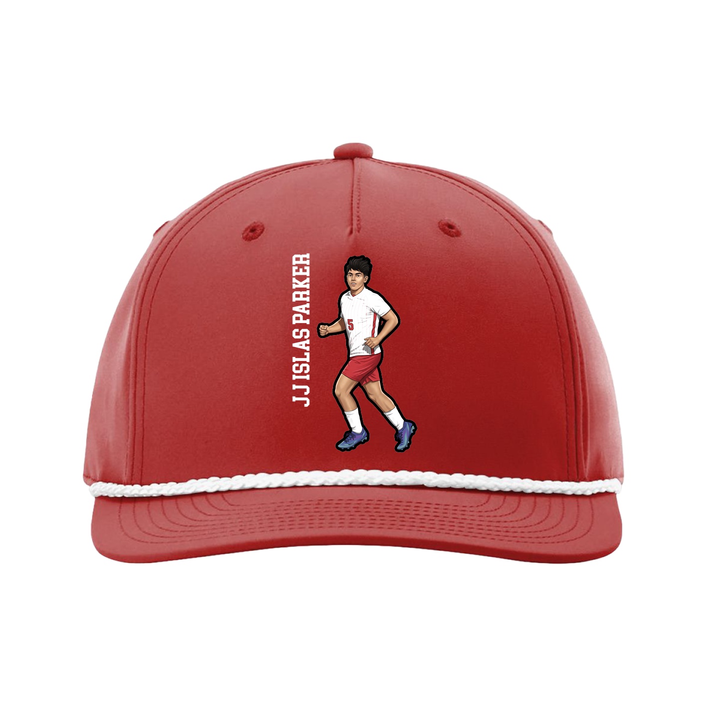 Five-Panel Classic Rope Cap — Name Vertical in Red