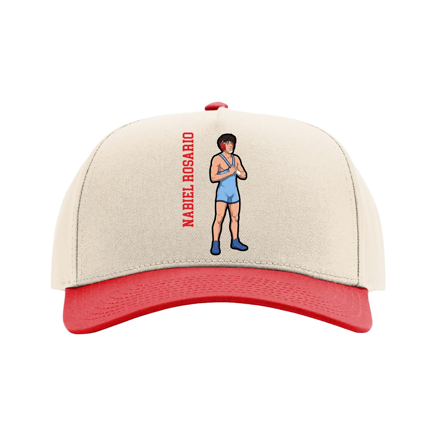 Full Fabric Five-Panel Champ Cap — Name Vertical in Cream/Red