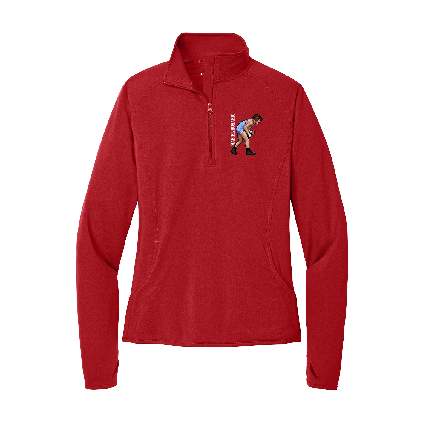 Women's Q-Zip Pullover — Name Vertical in Red