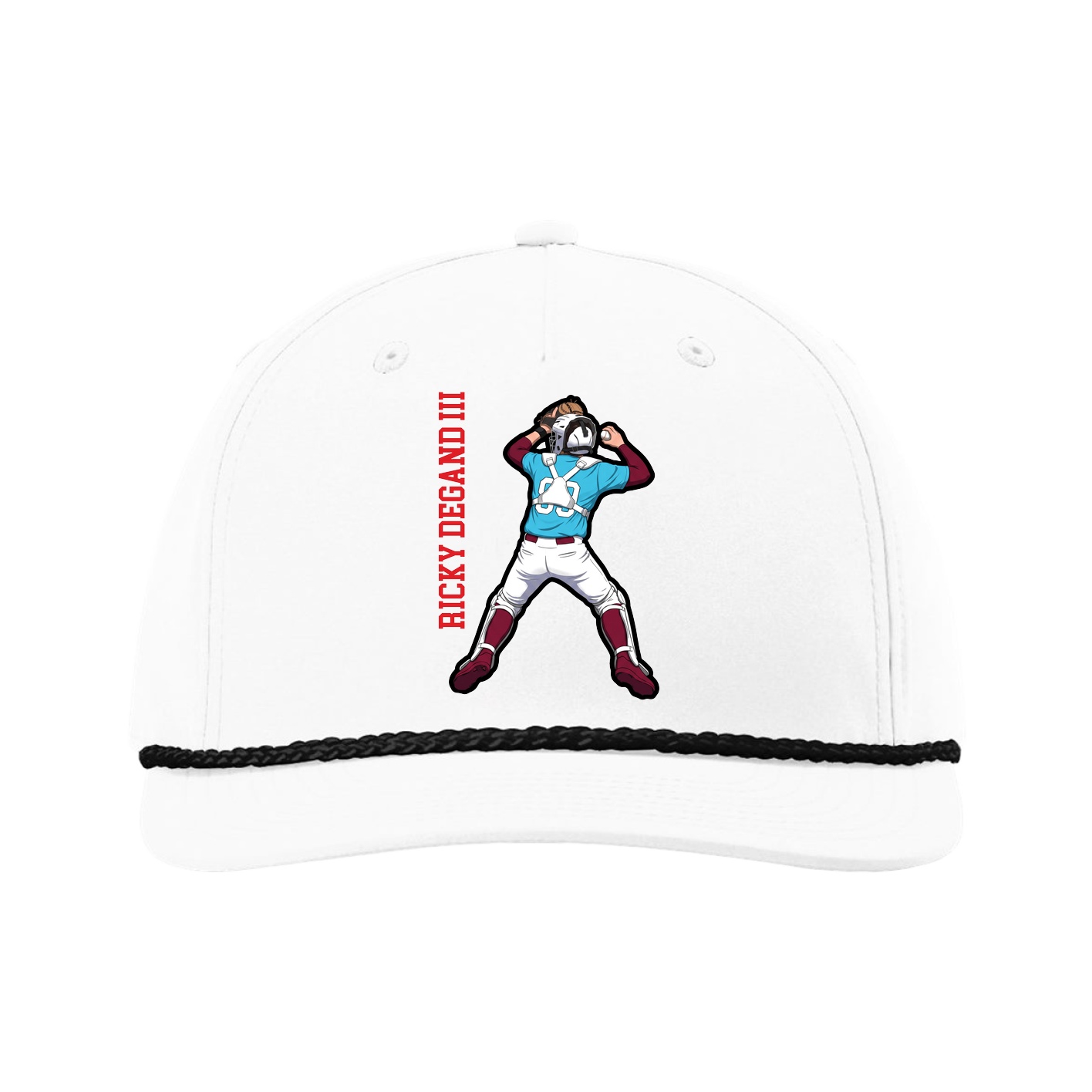 Five-Panel Classic Rope Cap — Name Vertical in White