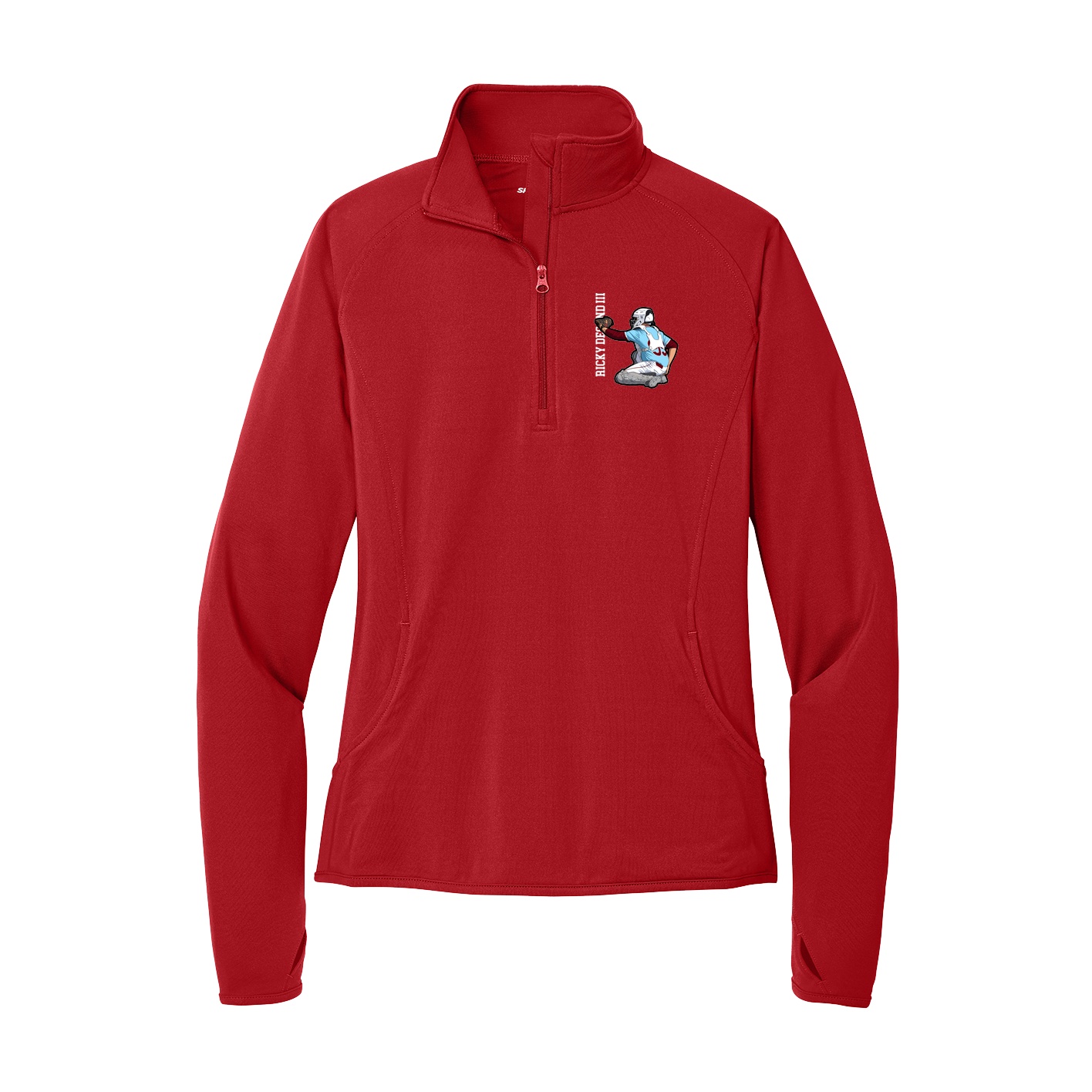 Women's Q-Zip Pullover — Name Vertical in Red