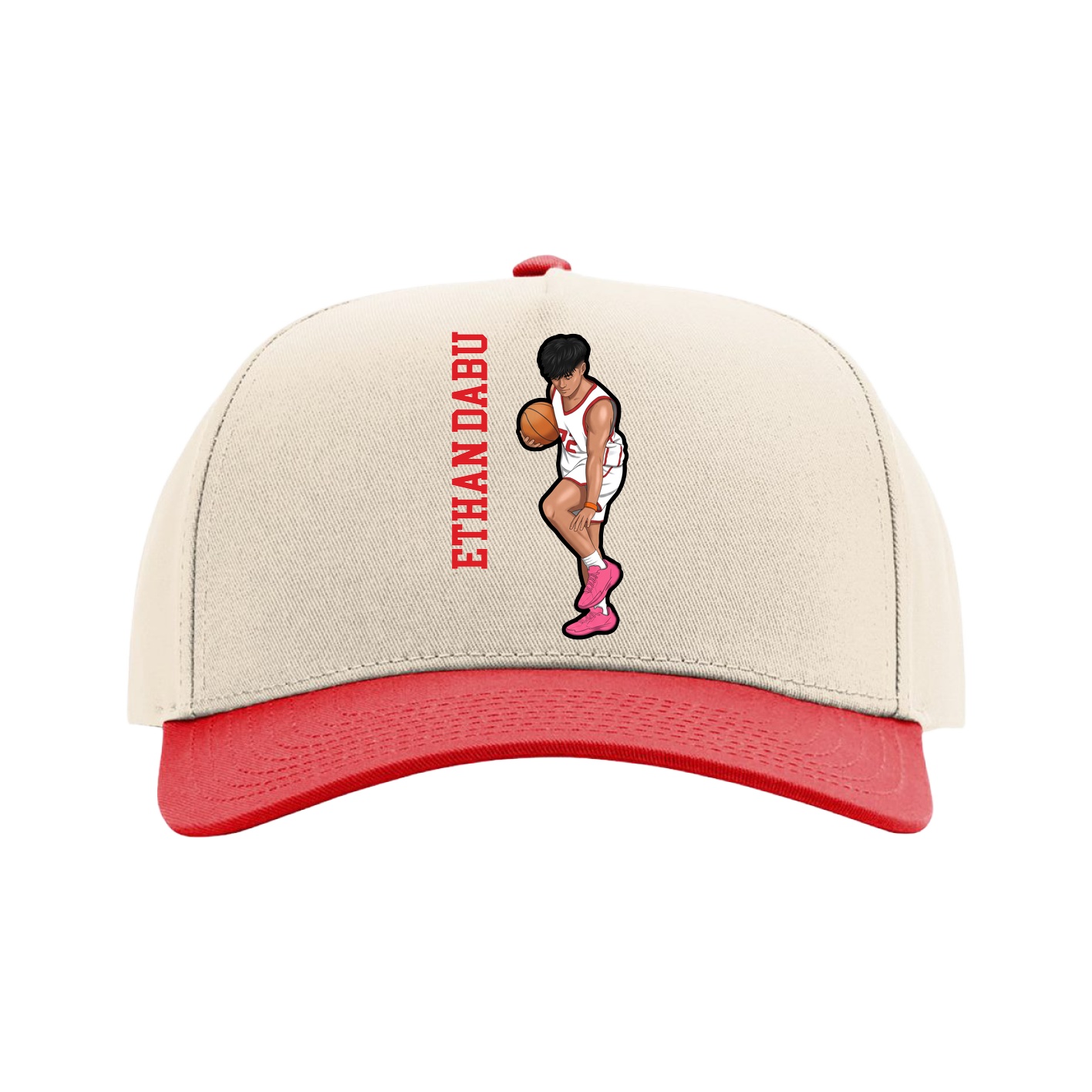 Full Fabric Five-Panel Champ Cap — Name Vertical in Cream/Red