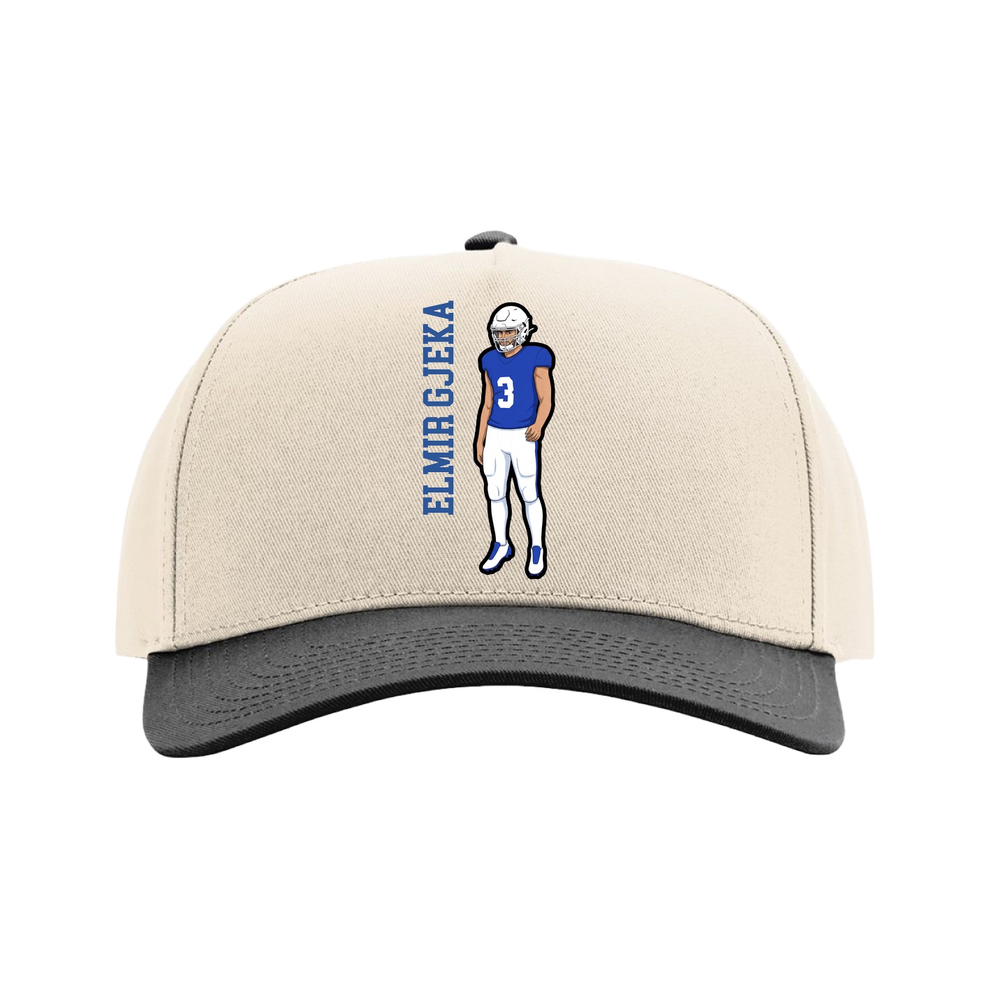Full Fabric Five-Panel Champ Cap — Name Vertical in Cream/Black