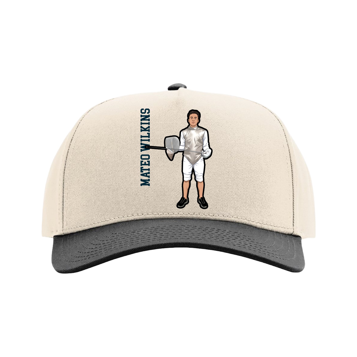 Full Fabric Five-Panel Champ Cap — Name Vertical in Cream/Black
