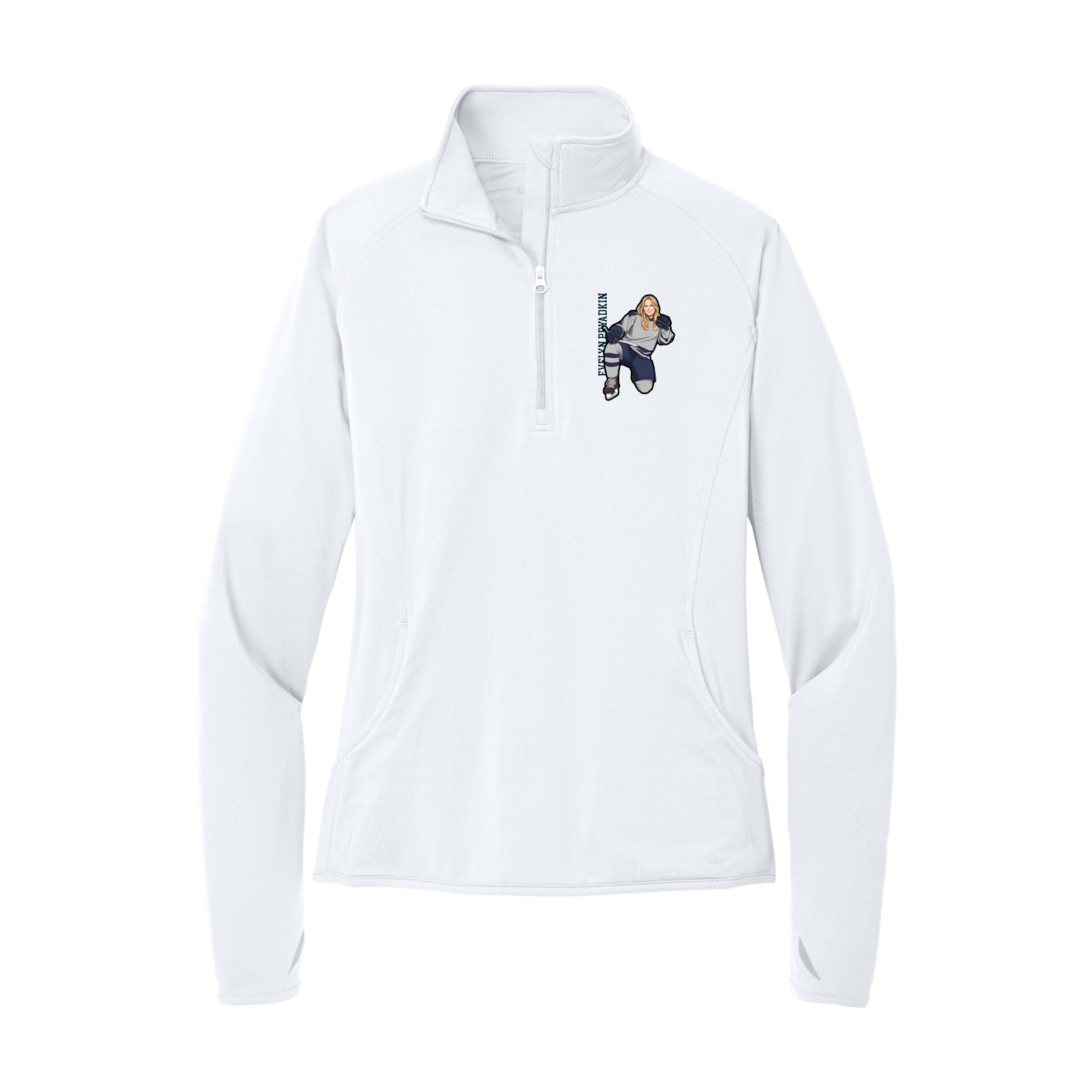 Women's Q-Zip Pullover — Name Vertical in White