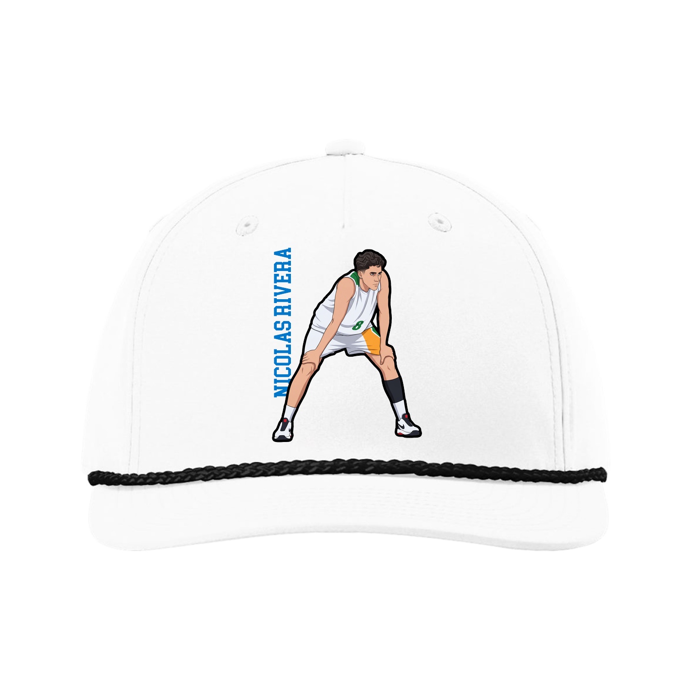 Five-Panel Classic Rope Cap — Name Vertical in White