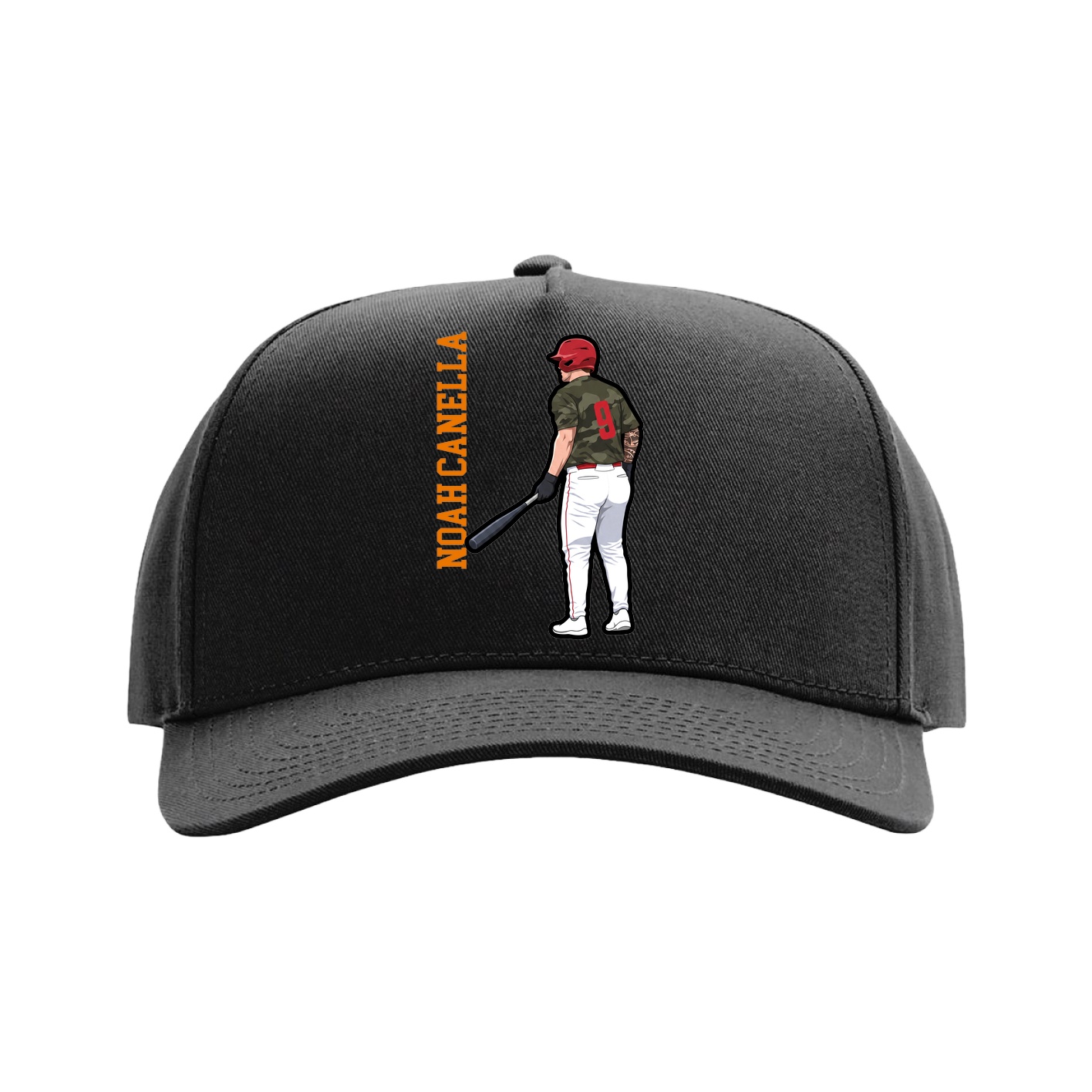 Full Fabric Five-Panel Champ Cap — Name Vertical in Black