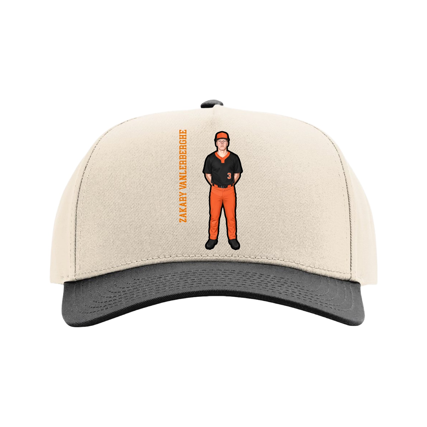 Full Fabric Five-Panel Champ Cap — Name Vertical in Cream/Black