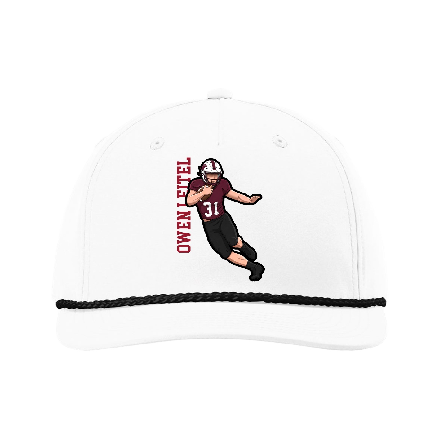 Five-Panel Classic Rope Cap — Name Vertical in White