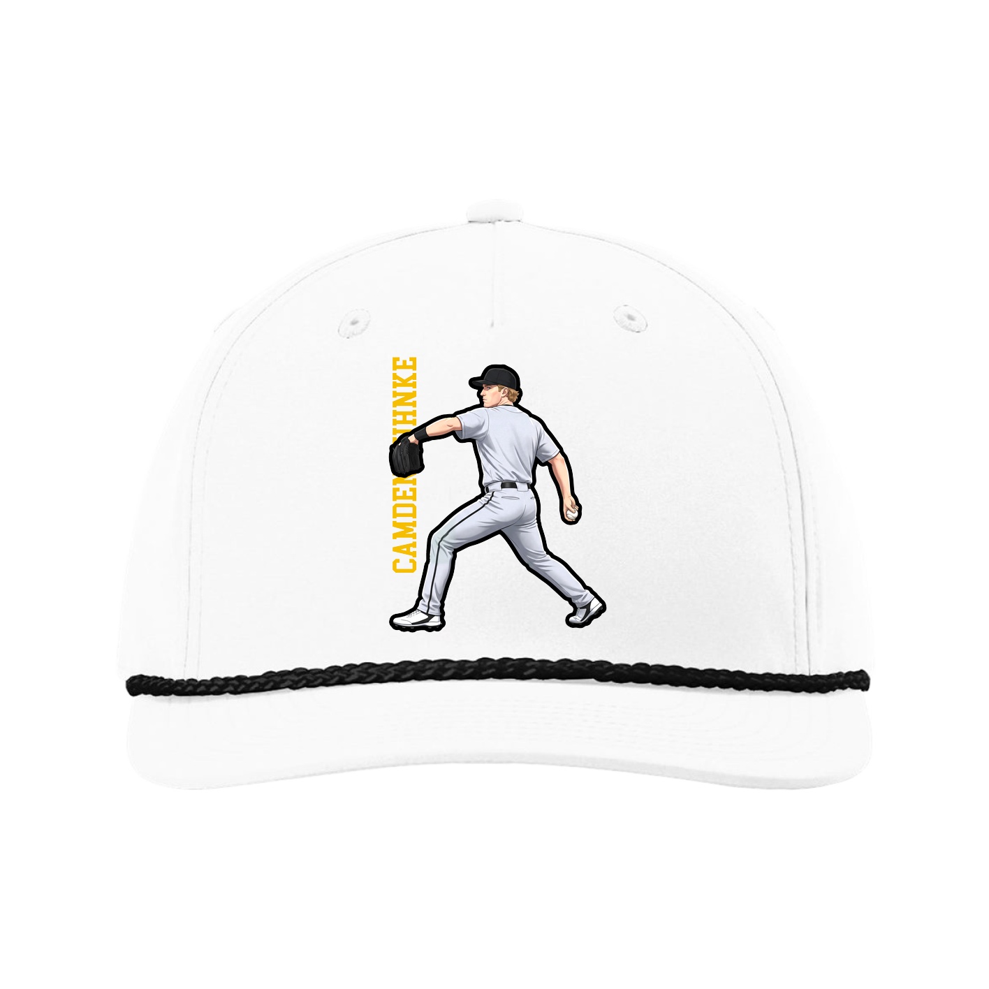 Five-Panel Classic Rope Cap — Name Vertical in White