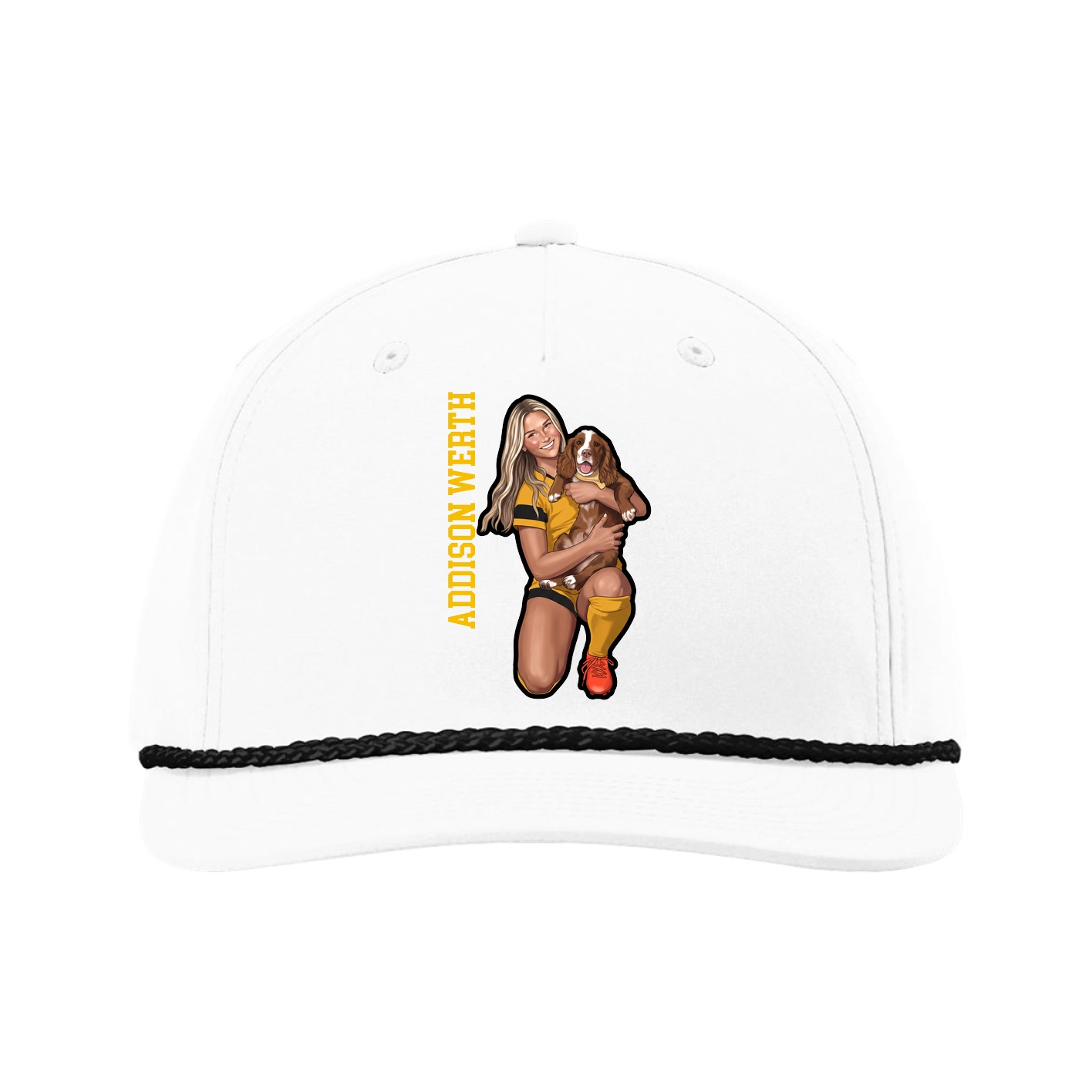 Five-Panel Classic Rope Cap — Name Vertical in White