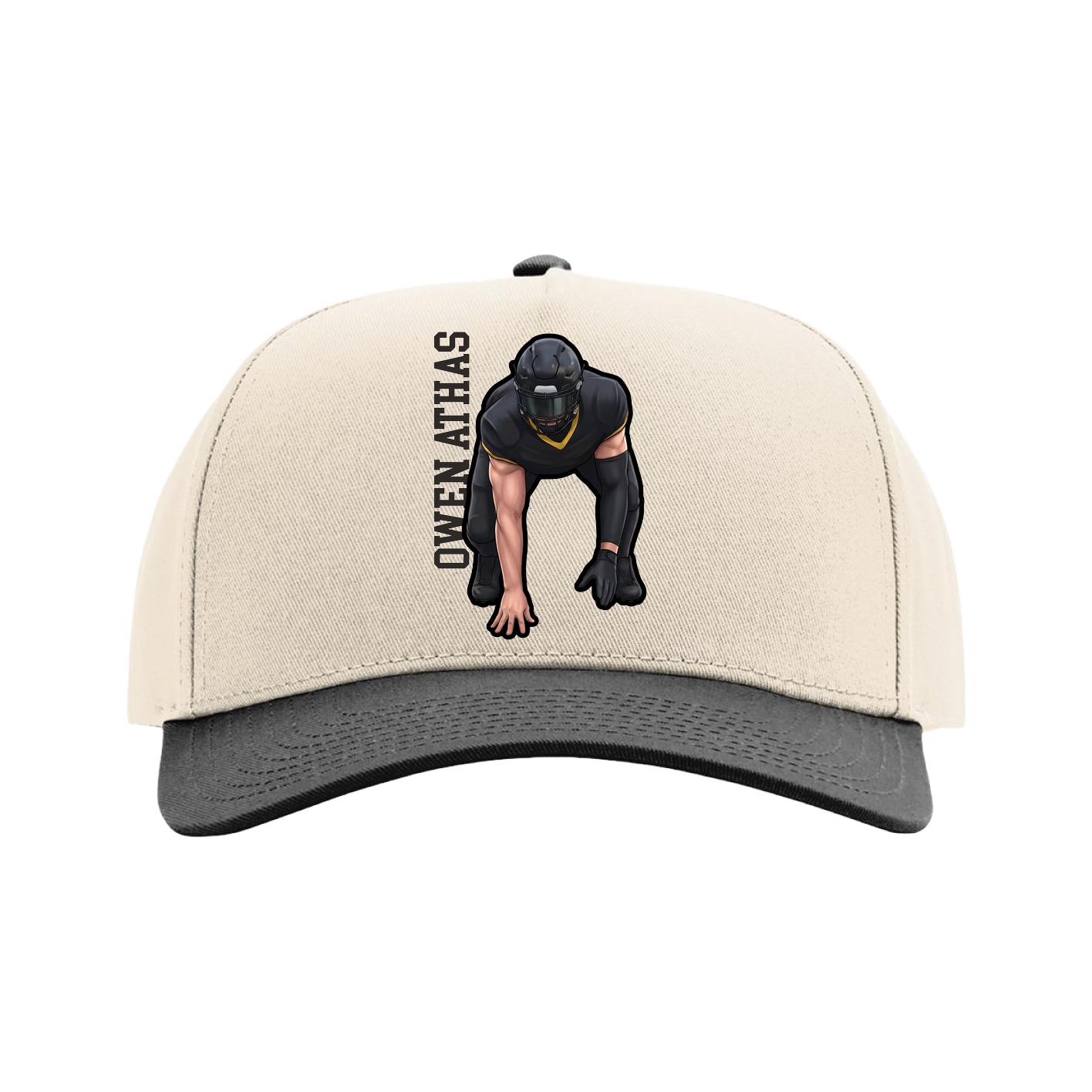 Full Fabric Five-Panel Champ Cap — Name Vertical in Cream/Black