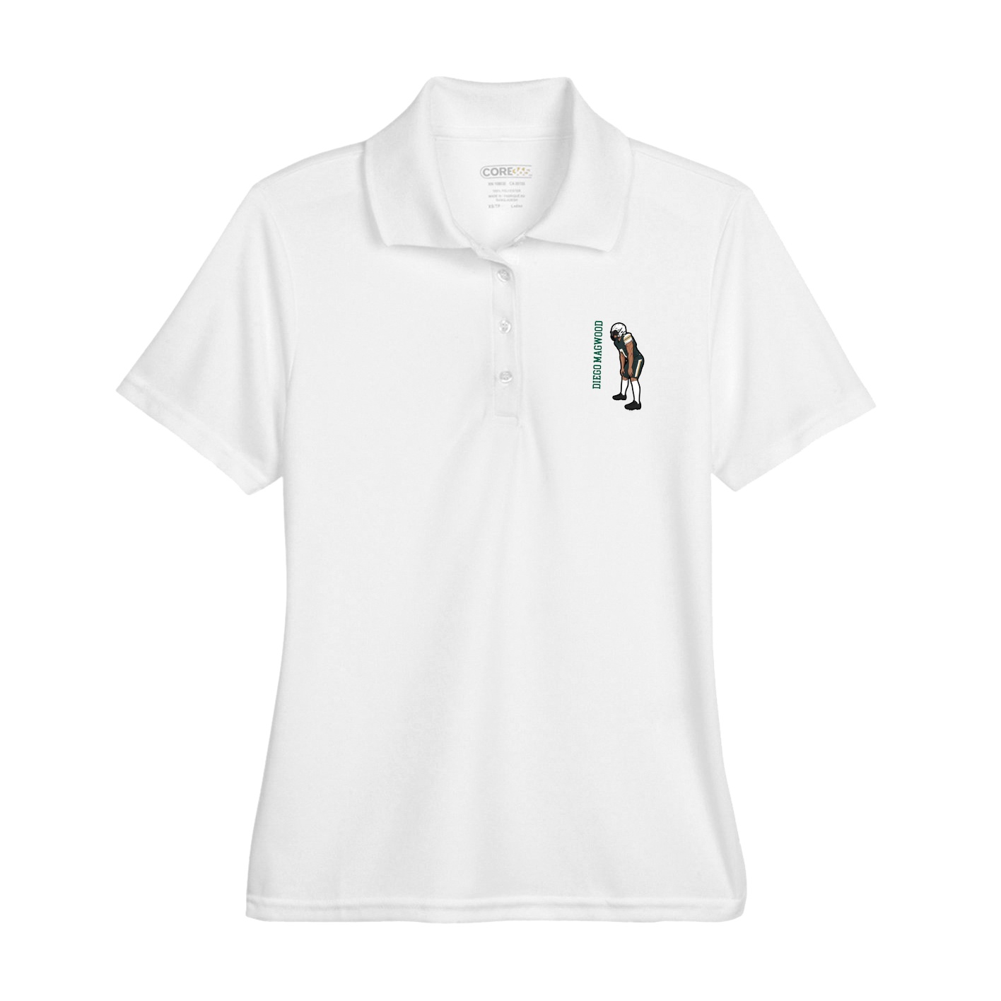 Womens Performance Polo — Name Vertical in White