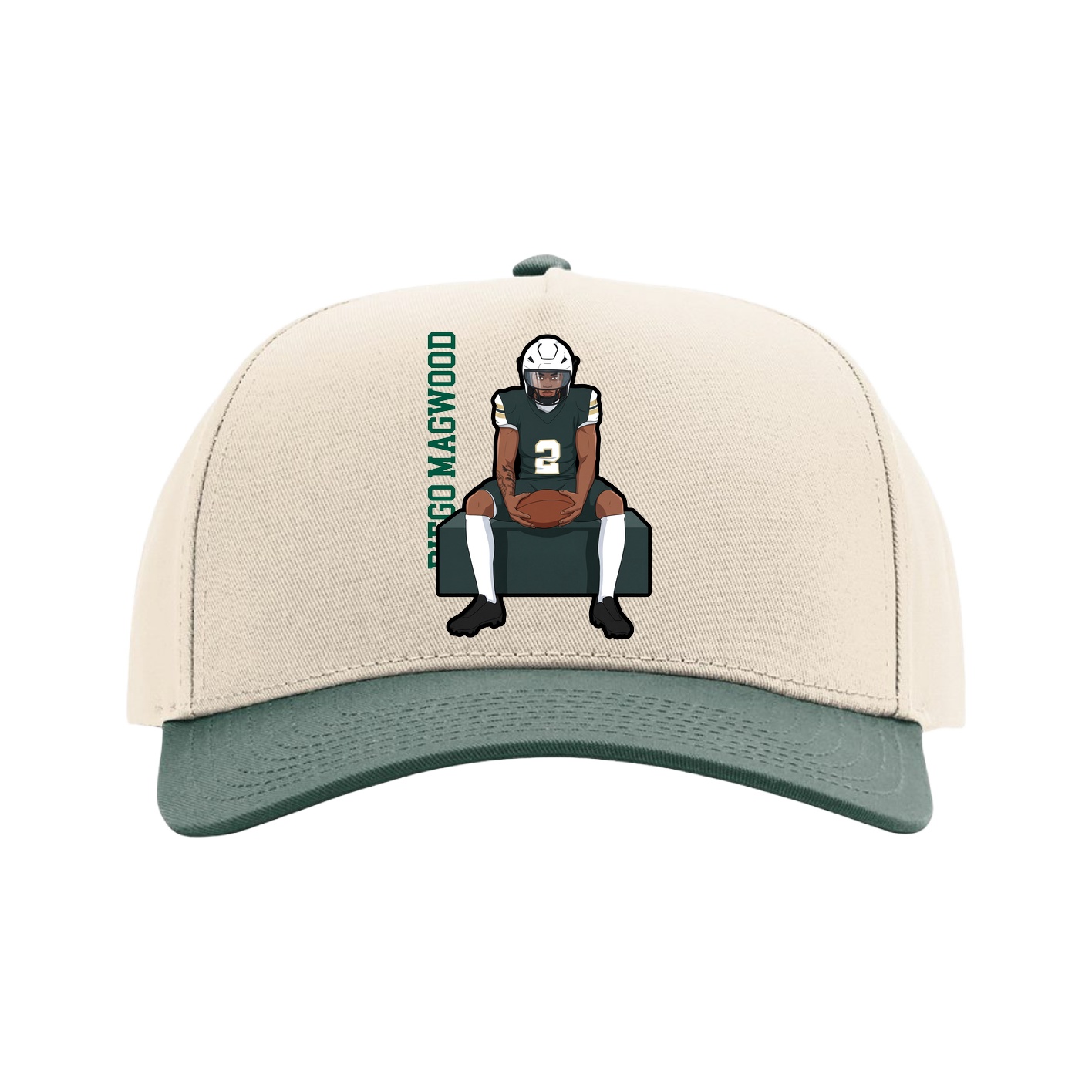 Full Fabric Five-Panel Champ Cap — Name Vertical in Cream/Green