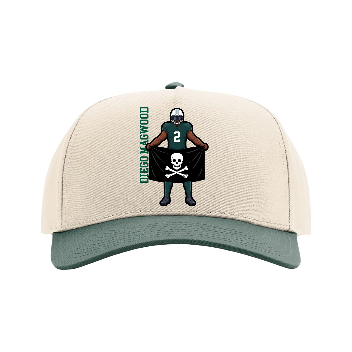 Full Fabric Five-Panel Champ Cap — Name Vertical in Cream/Green