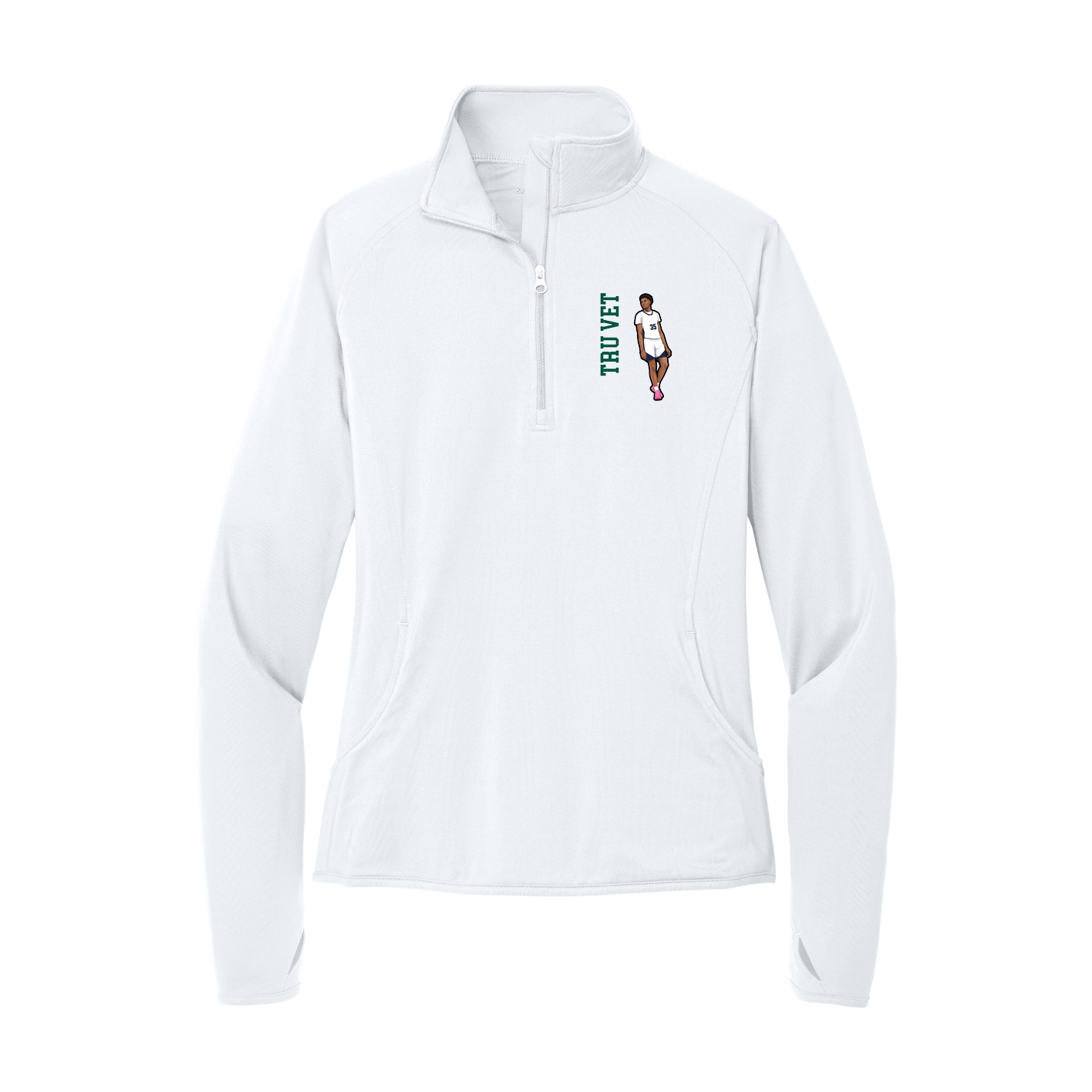 Women's Q-Zip Pullover — Name Vertical in White