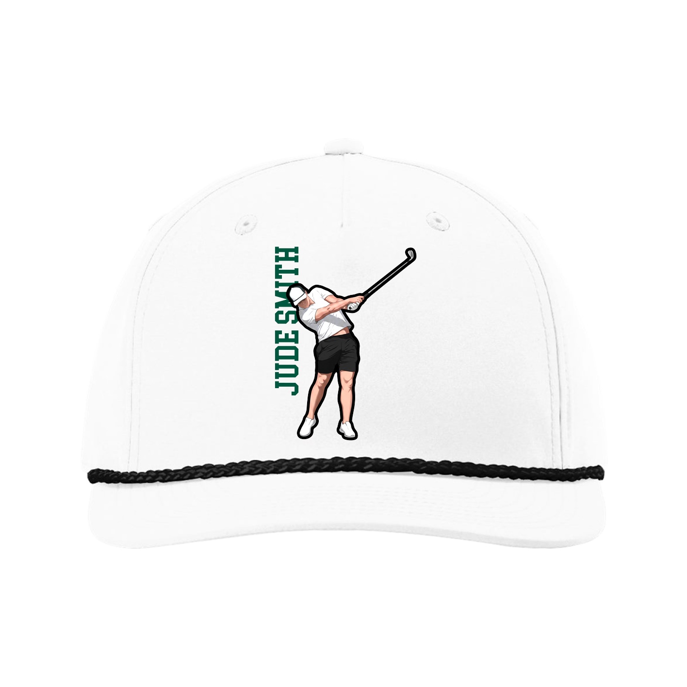 Five-Panel Classic Rope Cap — Name Vertical in White