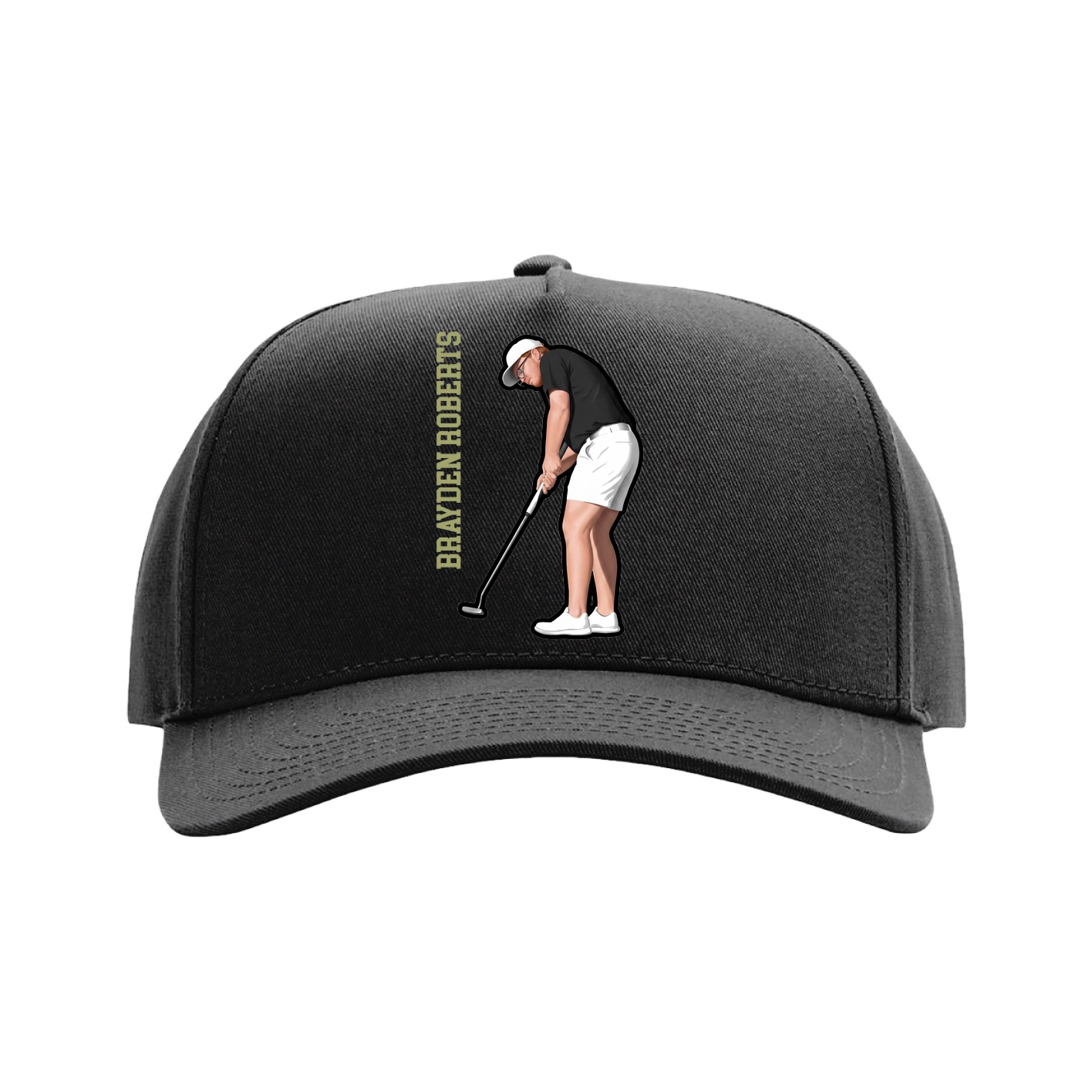 Full Fabric Five-Panel Champ Cap — Name Vertical in Black