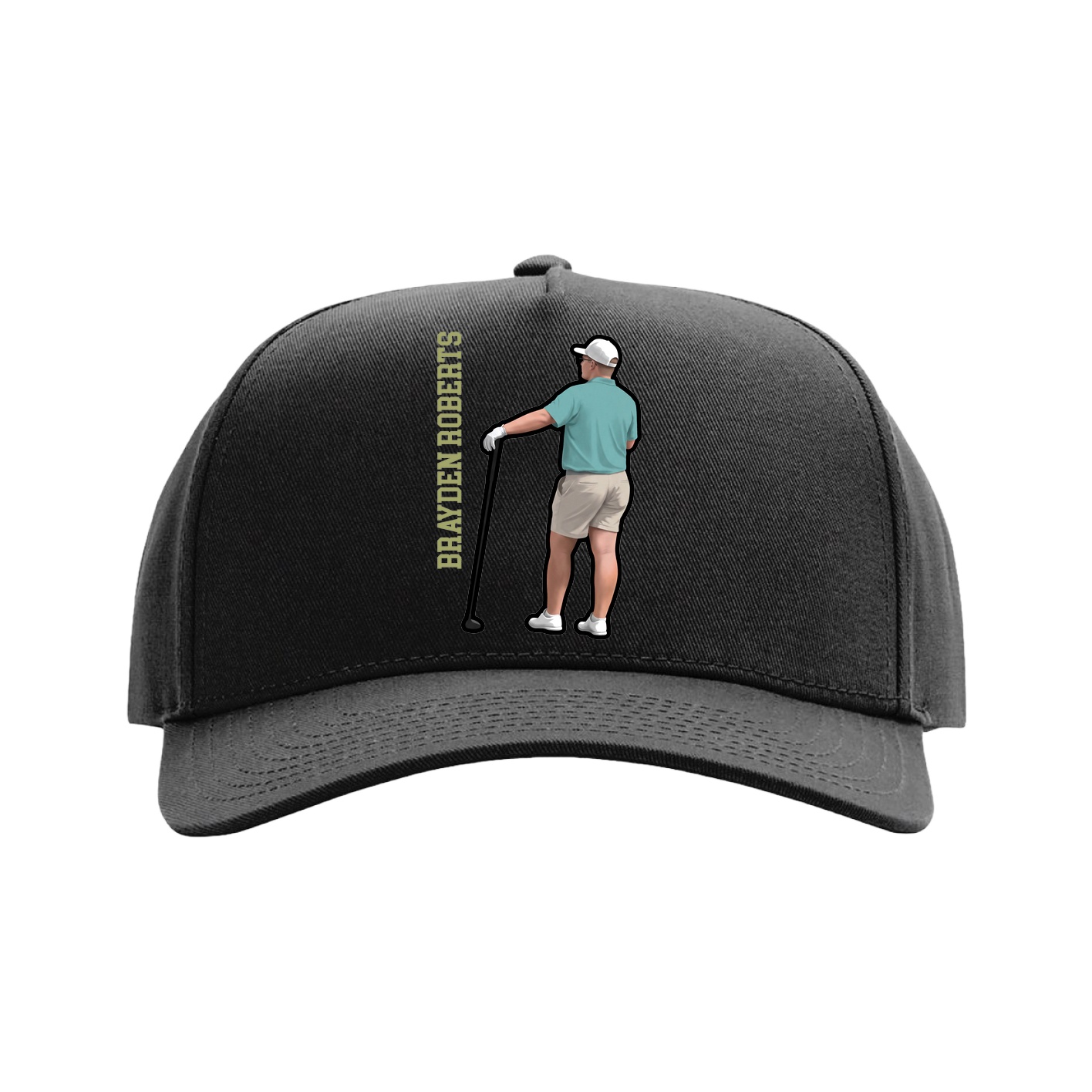 Full Fabric Five-Panel Champ Cap — Name Vertical in Black