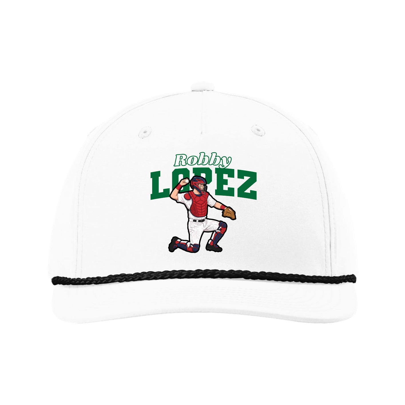 Five-Panel Classic Rope Cap — Name Arch in White
