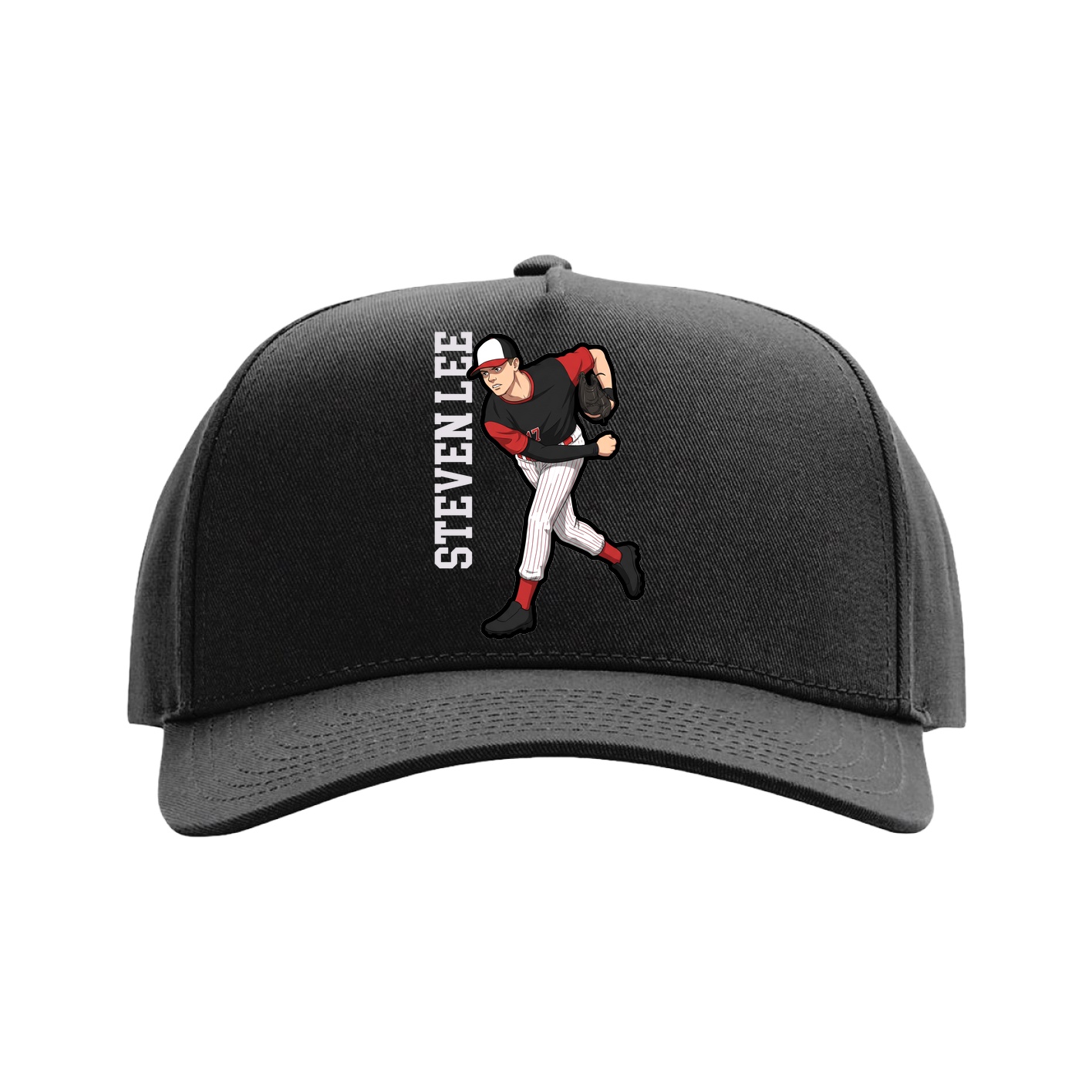 Full Fabric Five-Panel Champ Cap — Name Vertical in Black