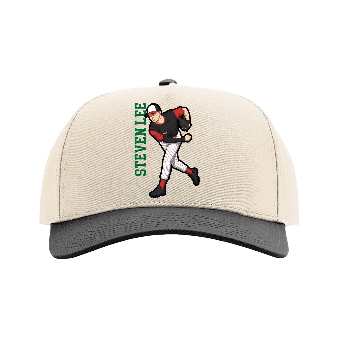 Full Fabric Five-Panel Champ Cap — Name Vertical in Cream/Black