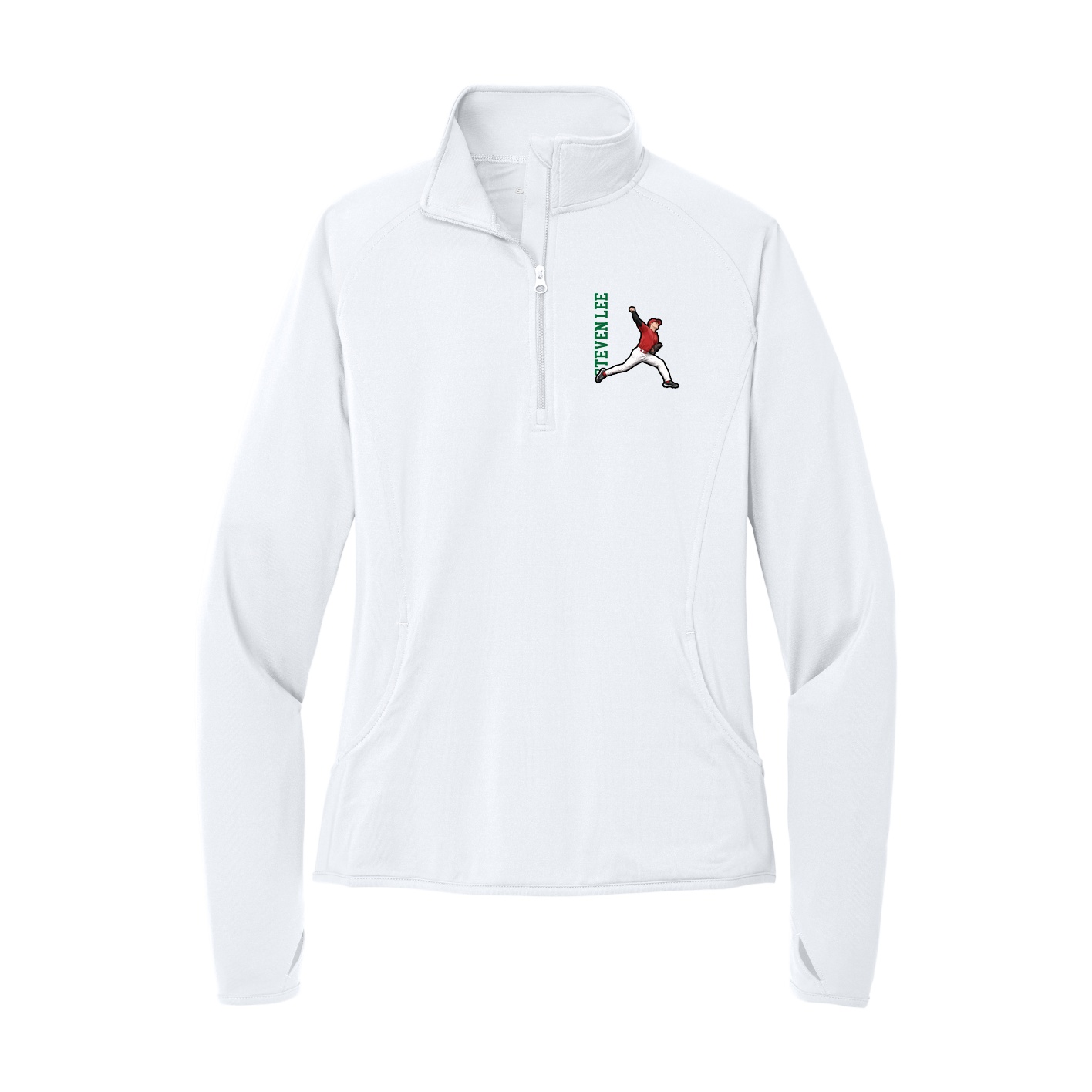 Women's Q-Zip Pullover — Name Vertical in White