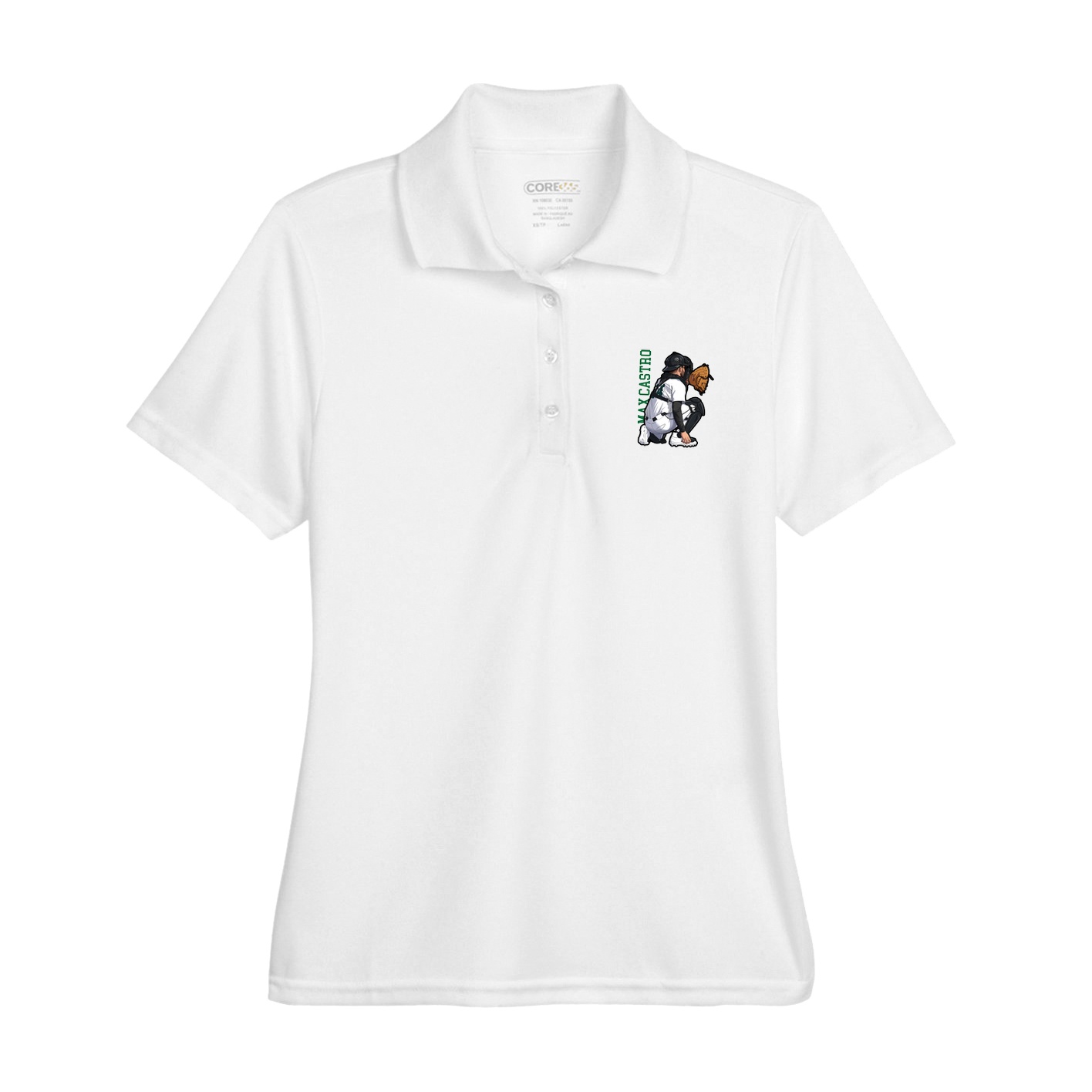 Womens Performance Polo — Name Vertical in White
