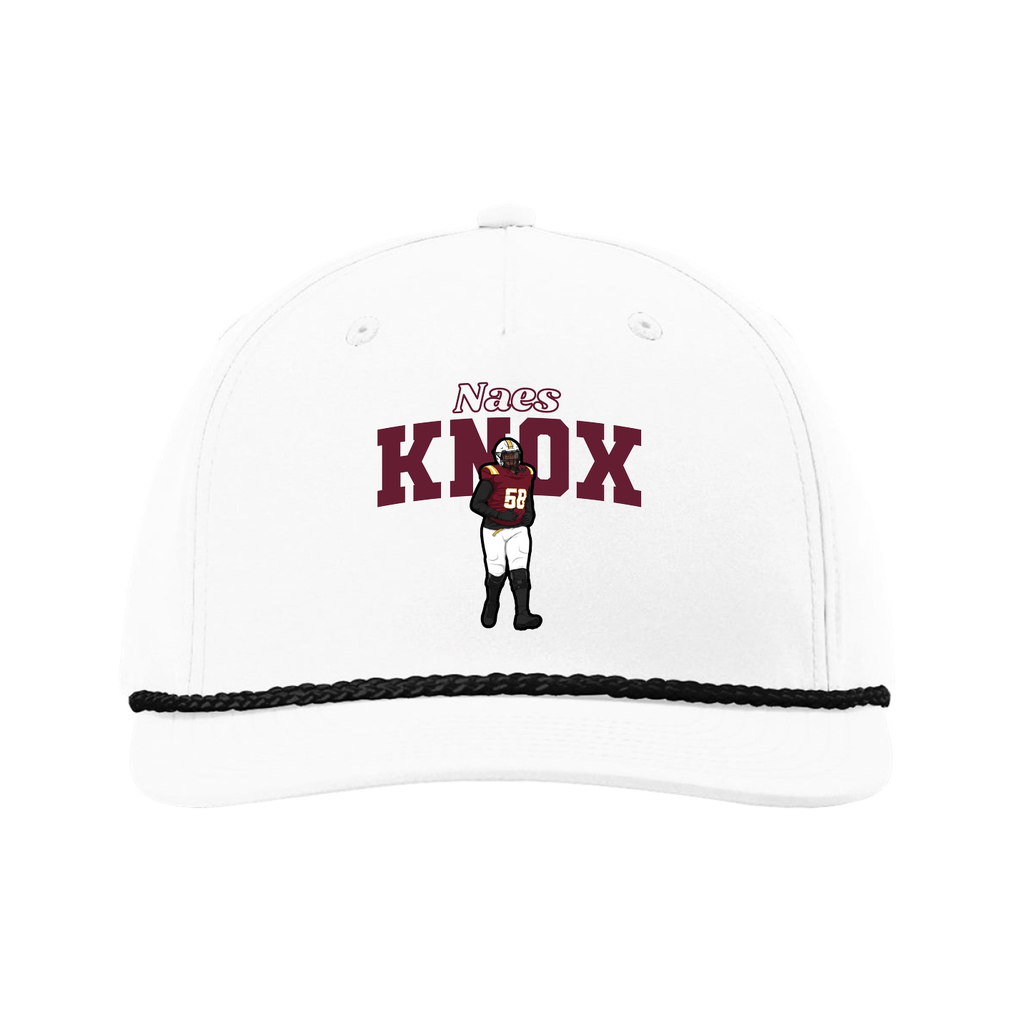 Five-Panel Classic Rope Cap — Name Arch in White