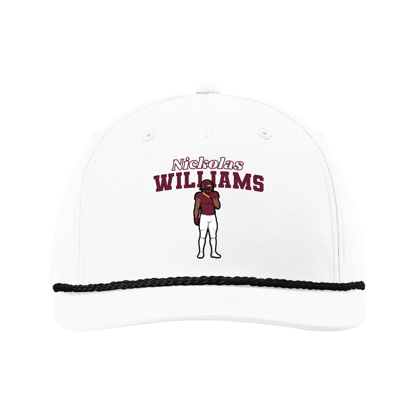 Five-Panel Classic Rope Cap — Name Arch in White