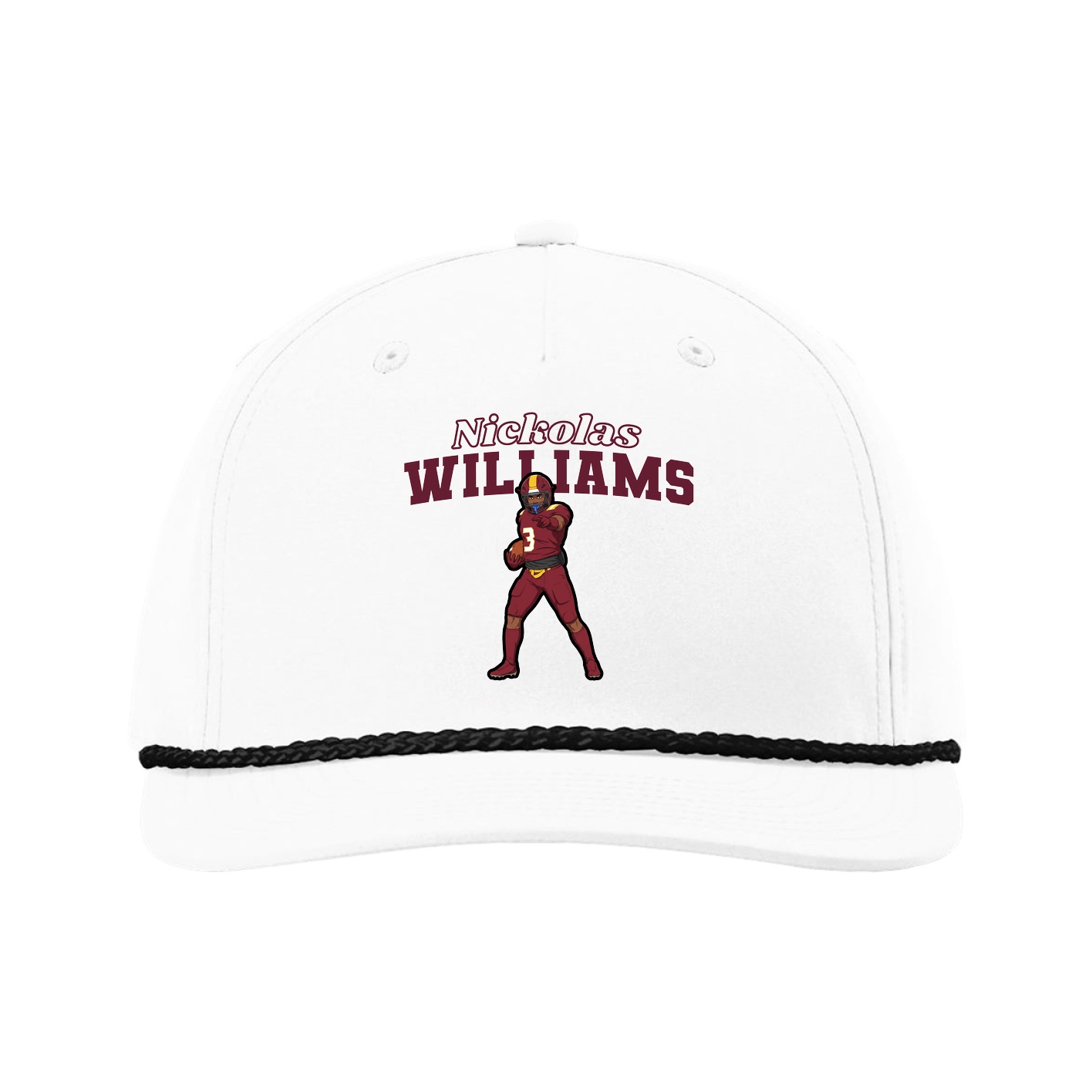 Five-Panel Classic Rope Cap — Name Arch in White