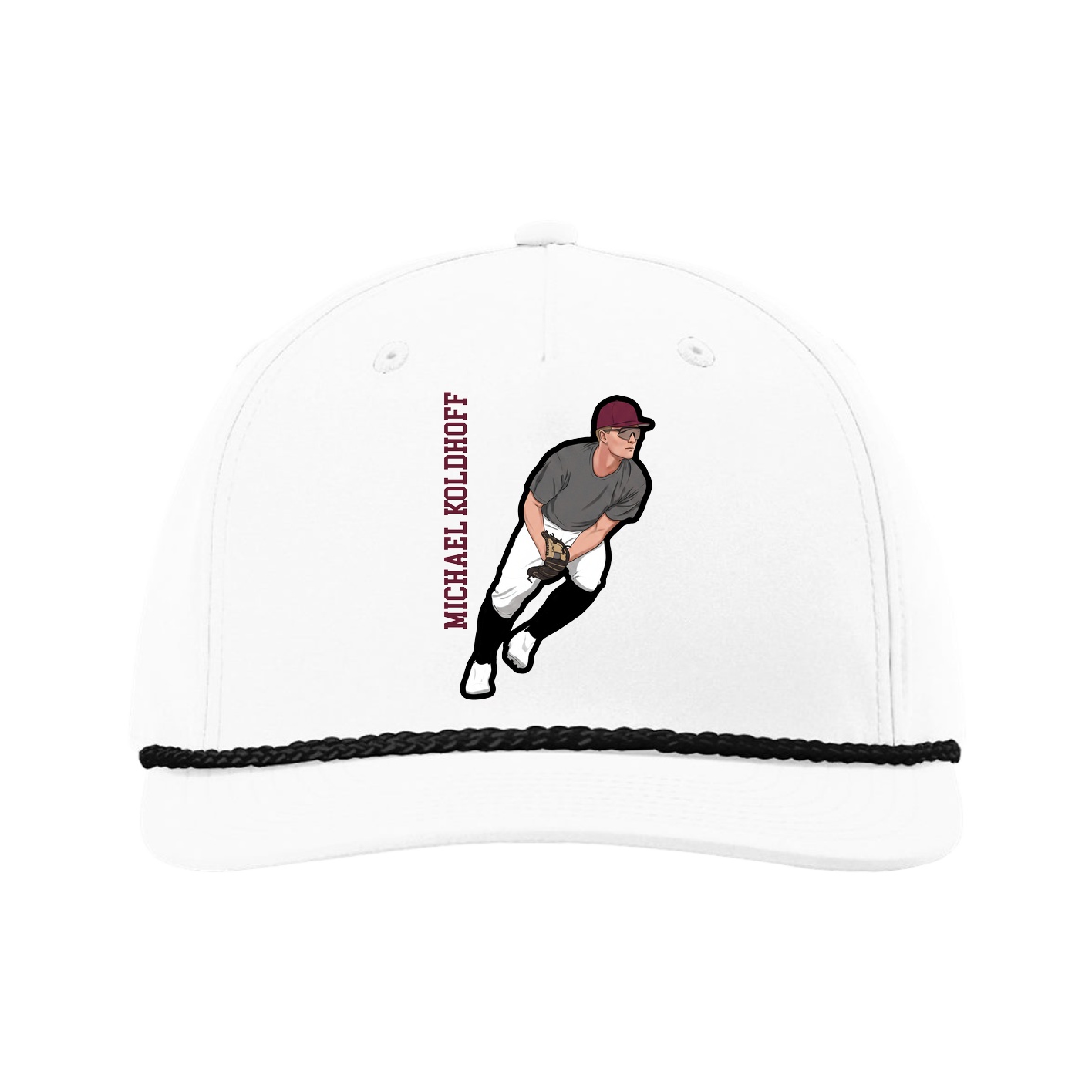 Five-Panel Classic Rope Cap — Name Vertical in White