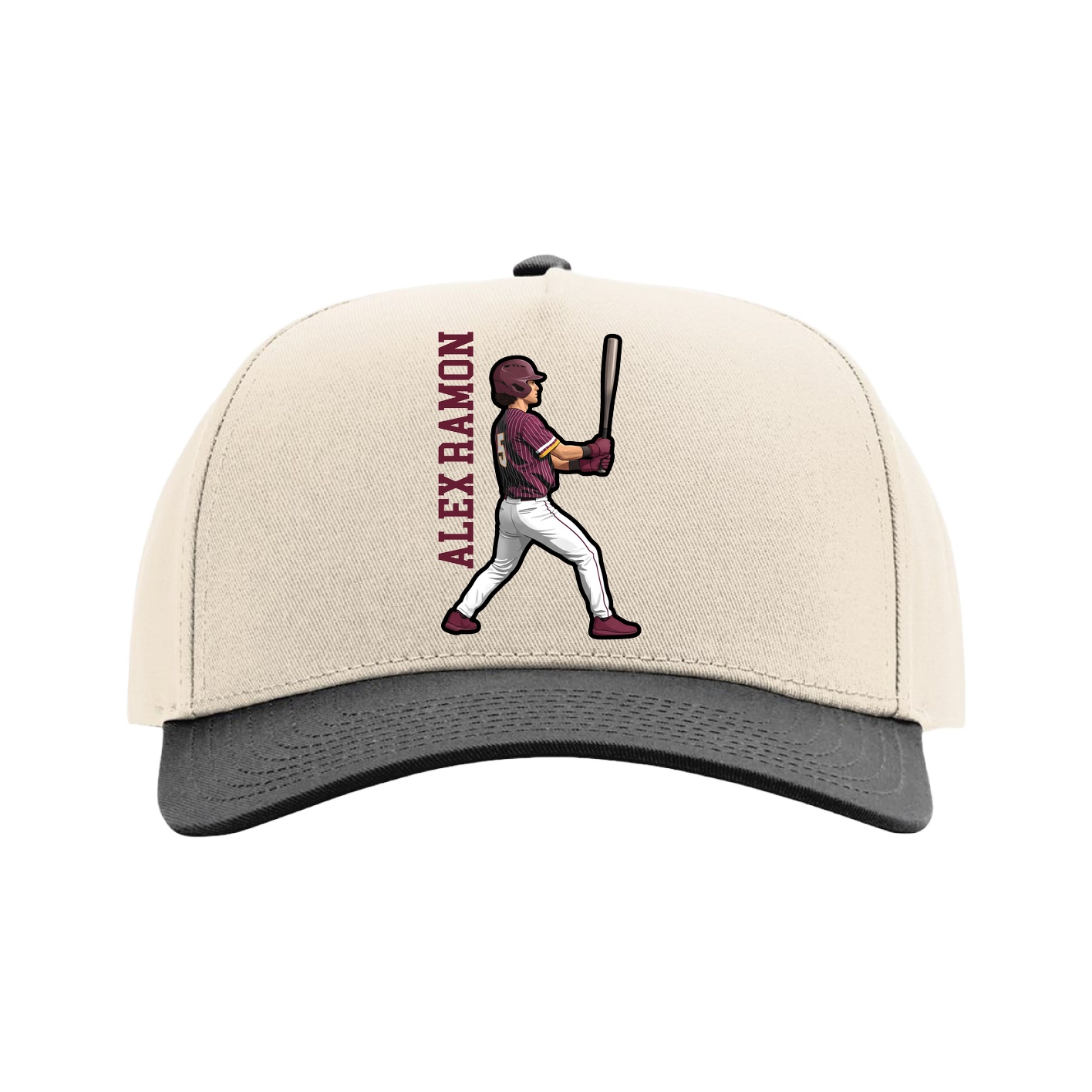 Full Fabric Five-Panel Champ Cap — Name Vertical in Cream/Black