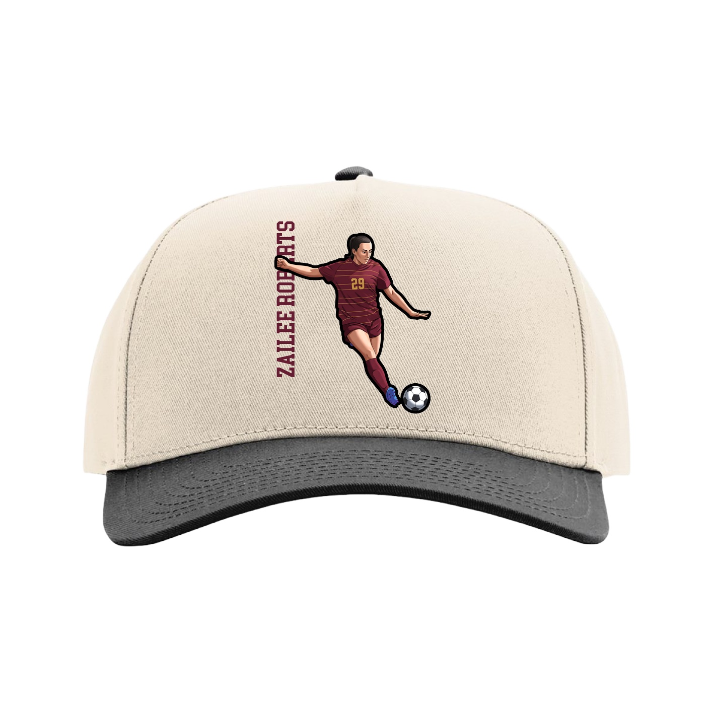 Full Fabric Five-Panel Champ Cap — Name Vertical in Cream/Black