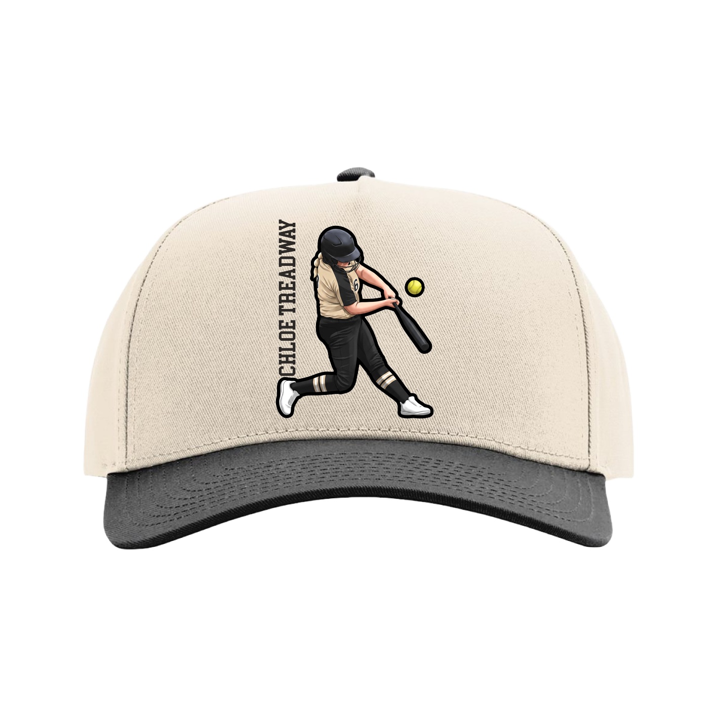 Full Fabric Five-Panel Champ Cap — Name Vertical in Cream/Black