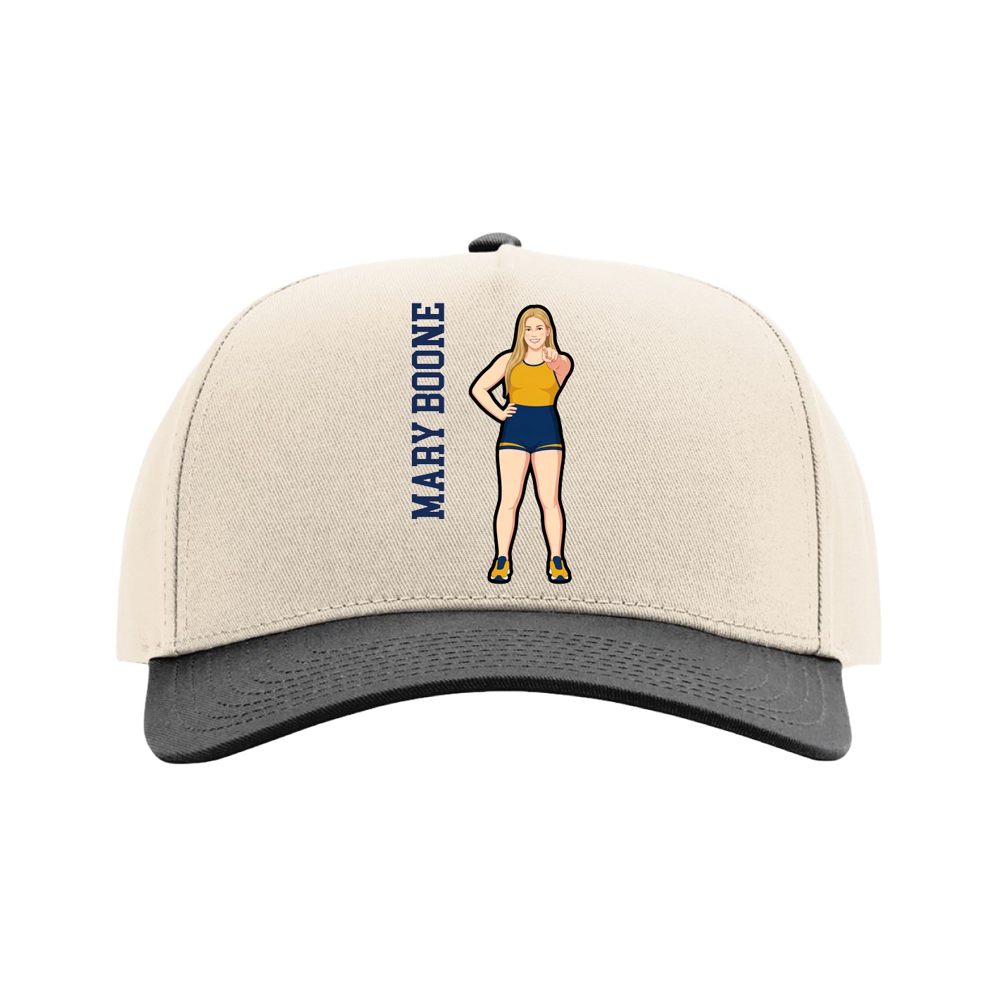Full Fabric Five-Panel Champ Cap — Name Vertical in Cream/Black