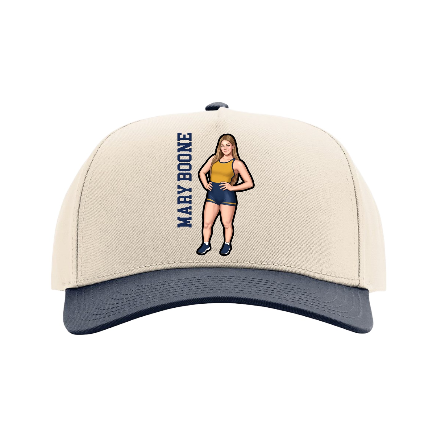 Full Fabric Five-Panel Champ Cap — Name Vertical in Cream/Navy