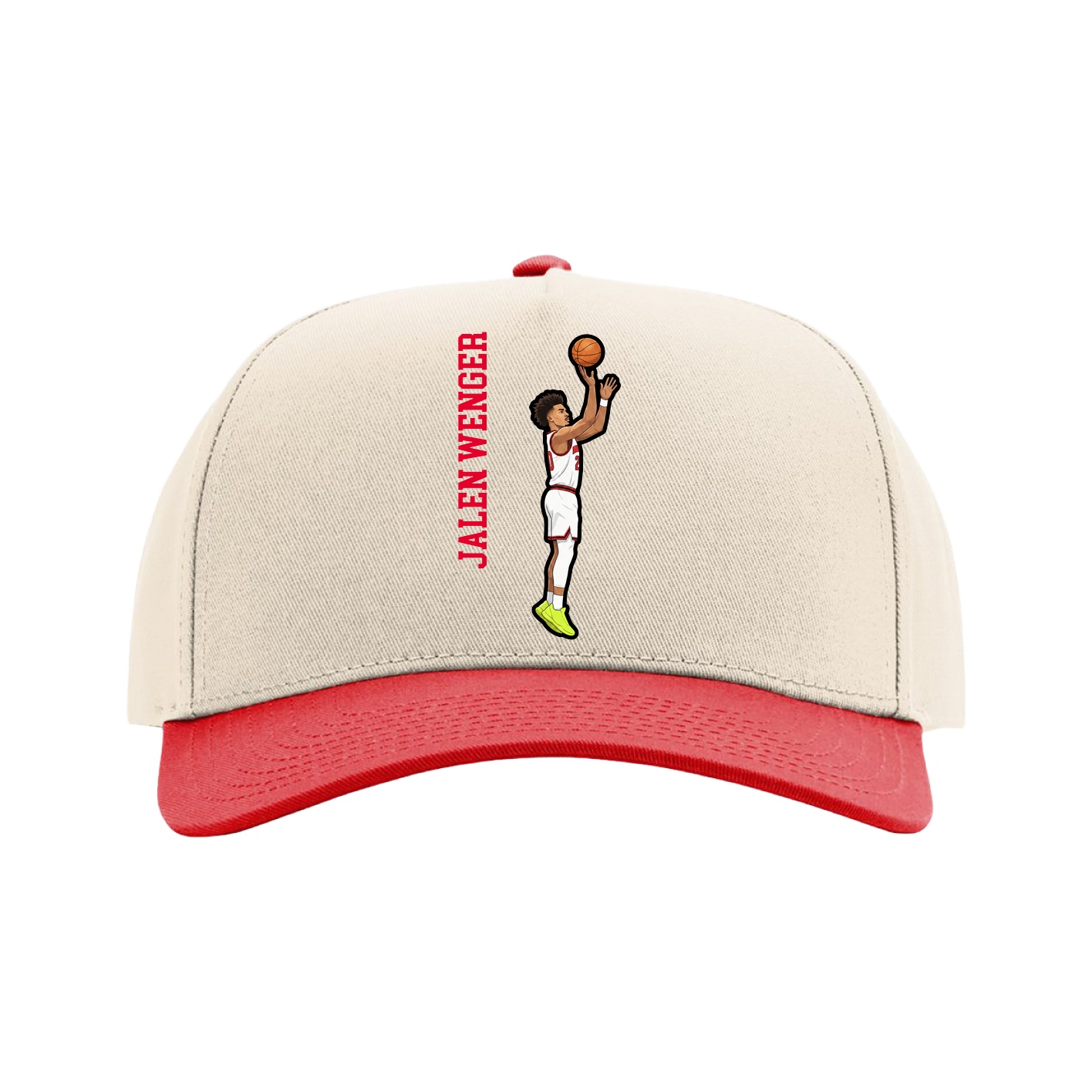 Full Fabric Five-Panel Champ Cap — Name Vertical in Cream/Red