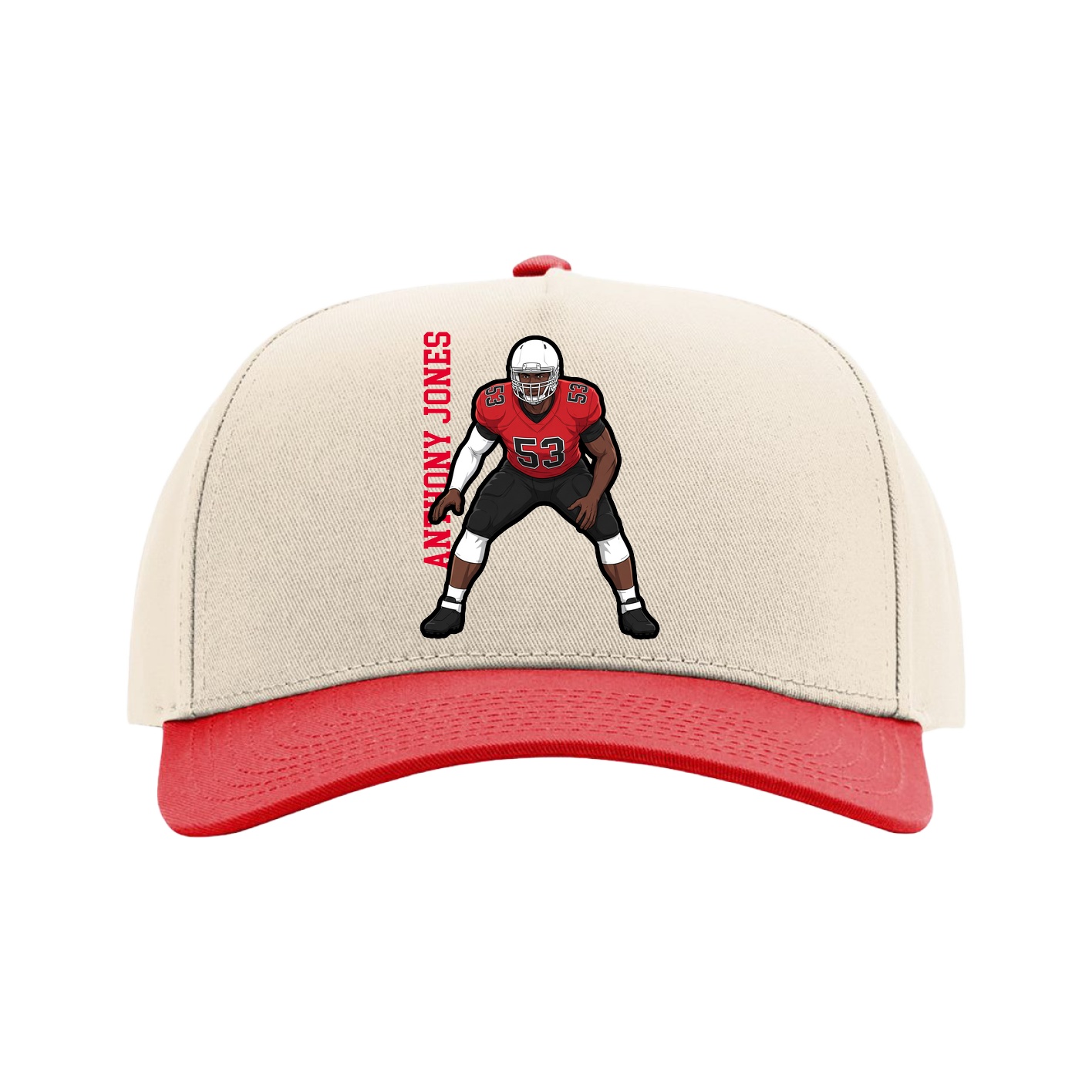 Full Fabric Five-Panel Champ Cap — Name Vertical in Cream/Red