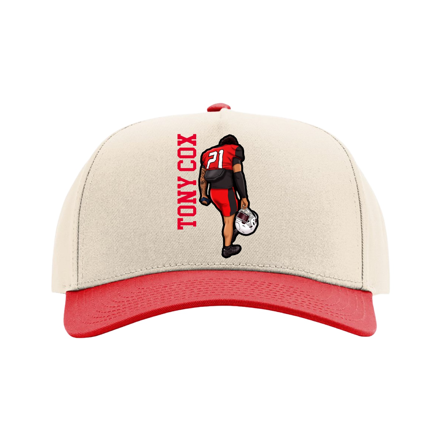 Full Fabric Five-Panel Champ Cap — Name Vertical in Cream/Red