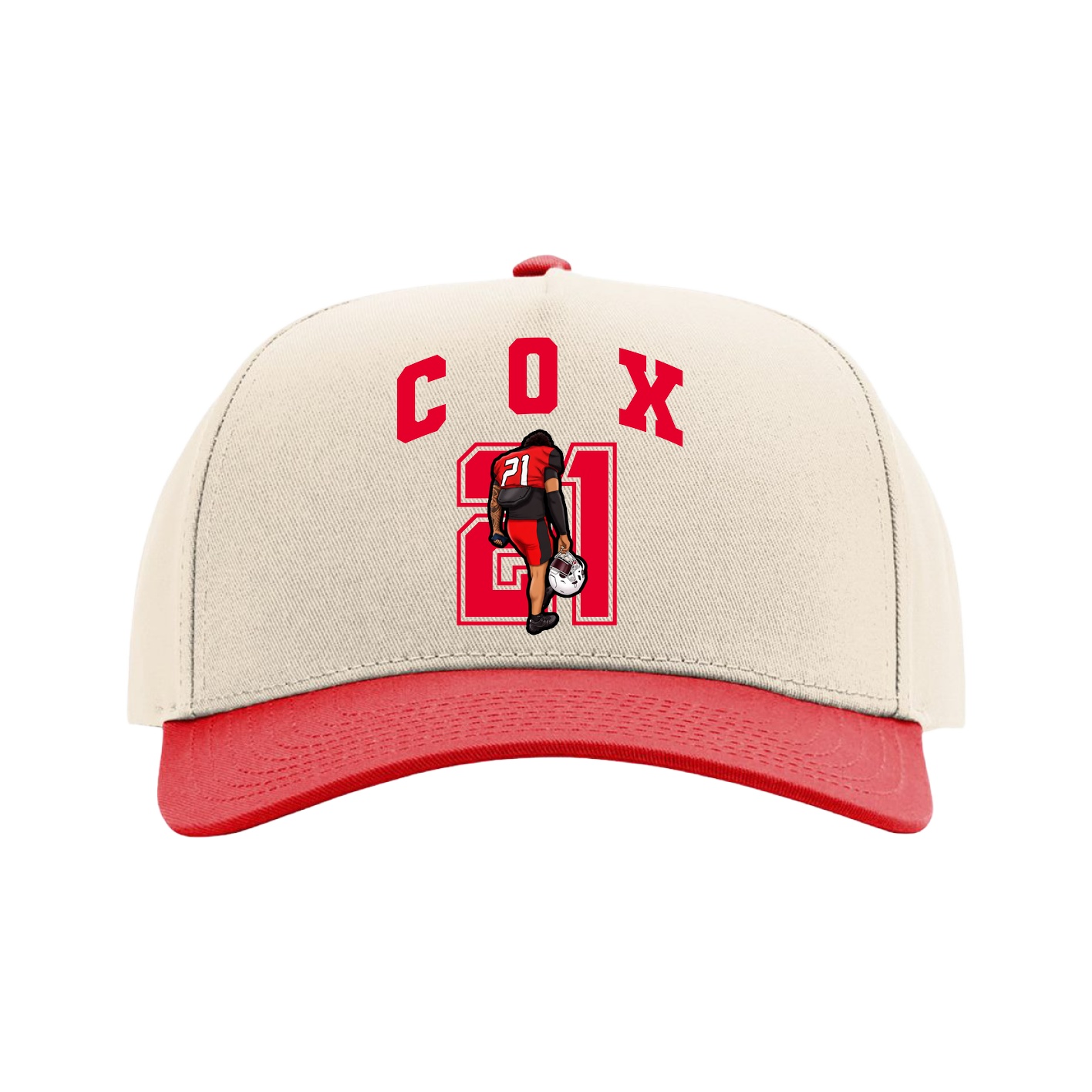 Full Fabric Five-Panel Champ Cap — Number in Cream/Red