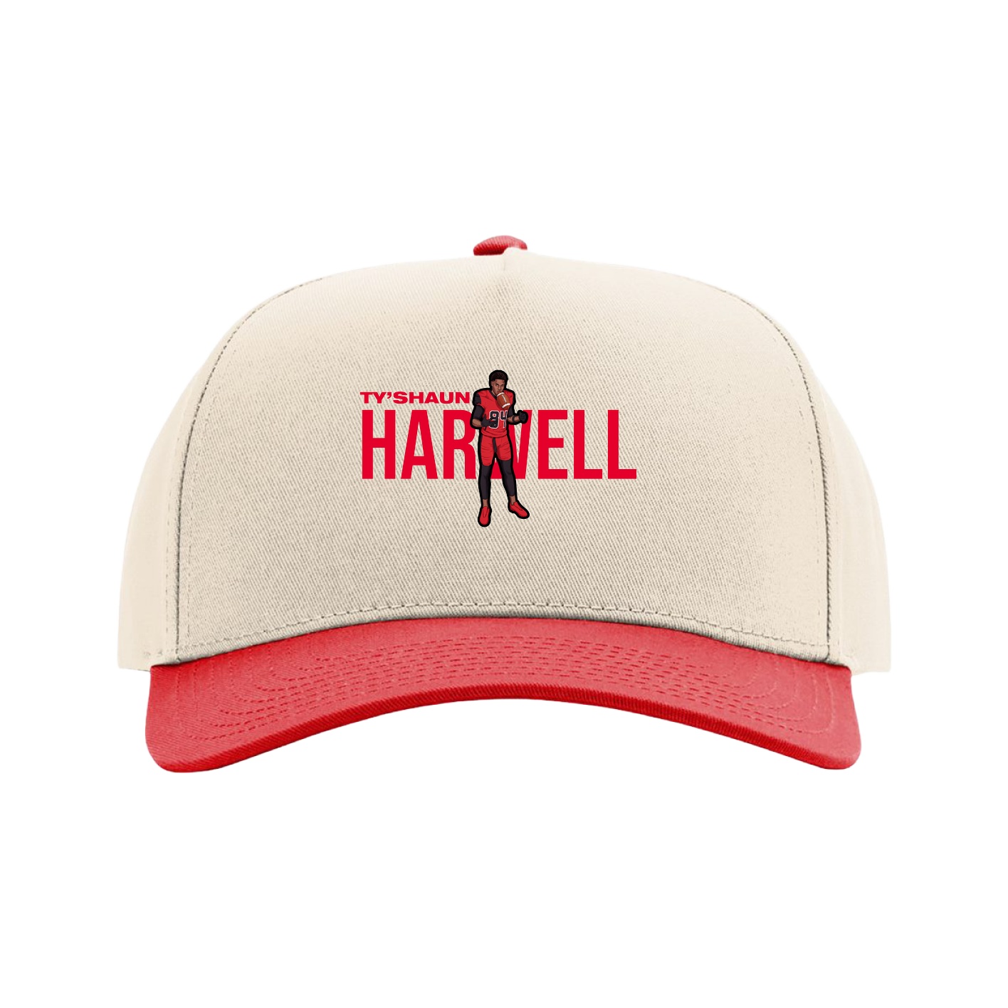 Full Fabric Five-Panel Champ Cap — Player Name in Cream/Red