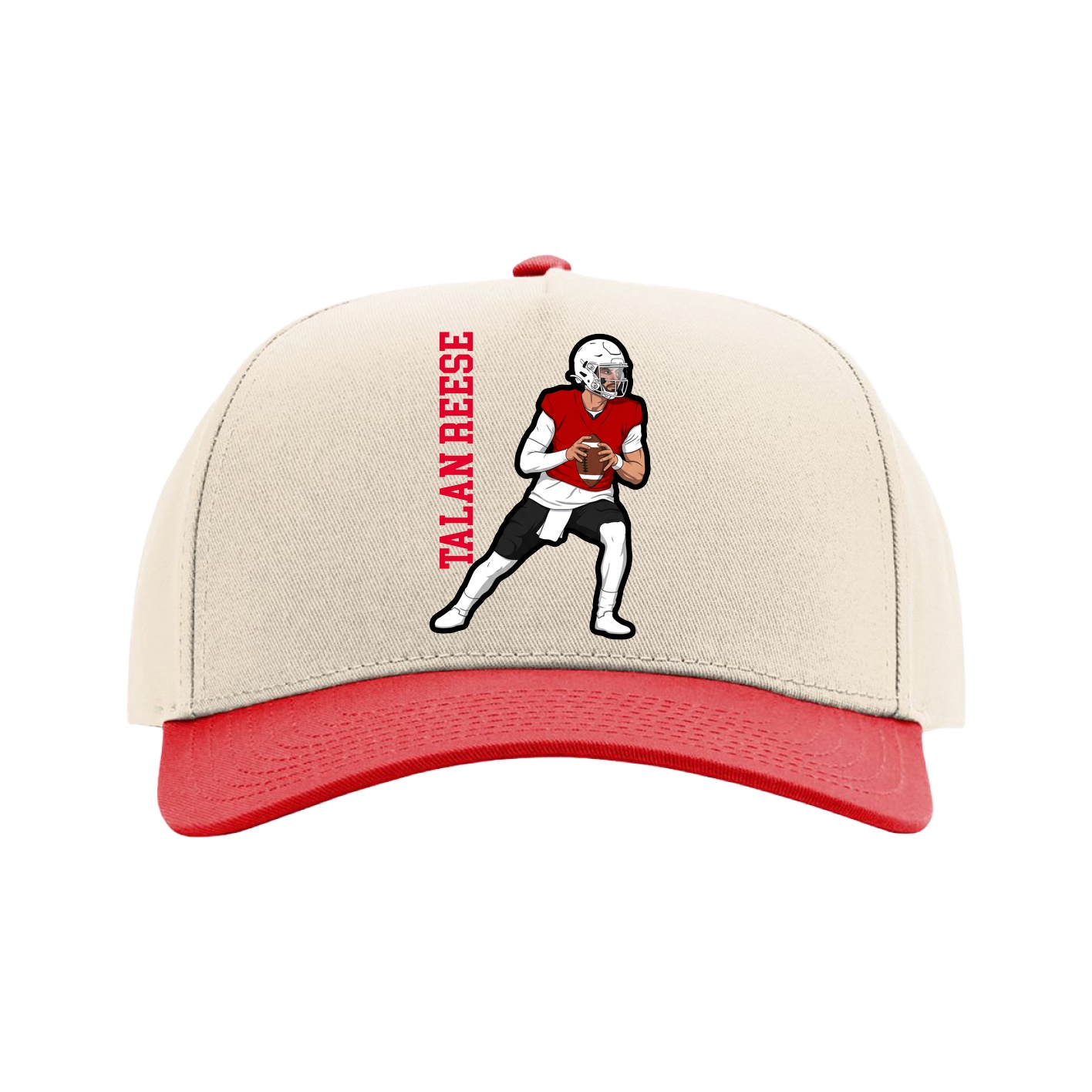 Full Fabric Five-Panel Champ Cap — Name Vertical in Cream/Red