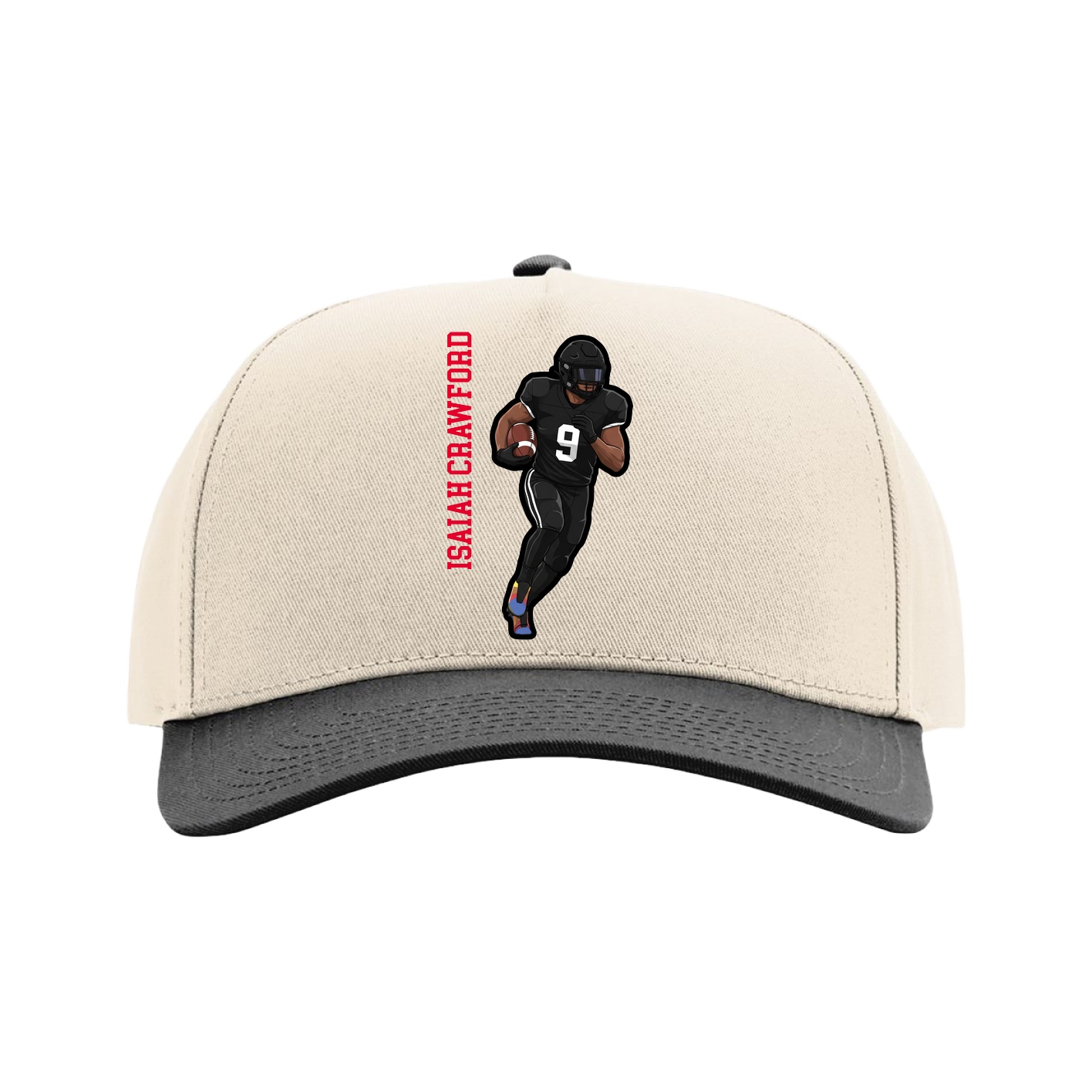 Full Fabric Five-Panel Champ Cap — Name Vertical in Cream/Black