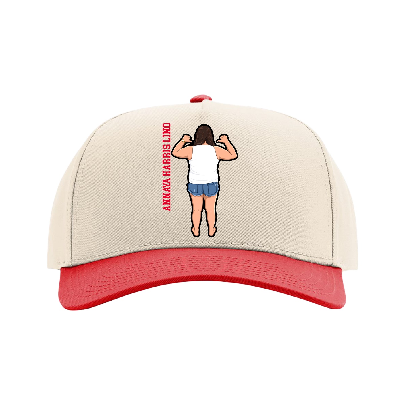Full Fabric Five-Panel Champ Cap — Name Vertical in Cream/Red