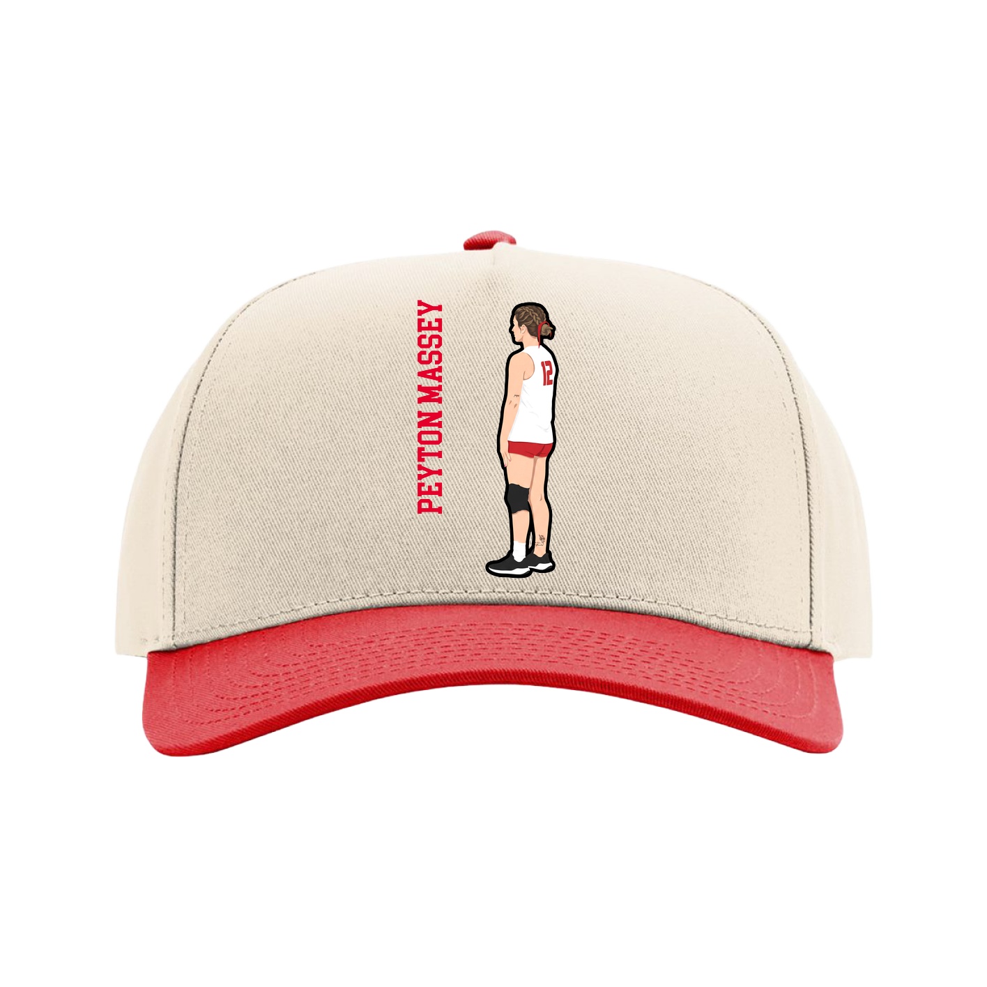 Full Fabric Five-Panel Champ Cap — Name Vertical in Cream/Red