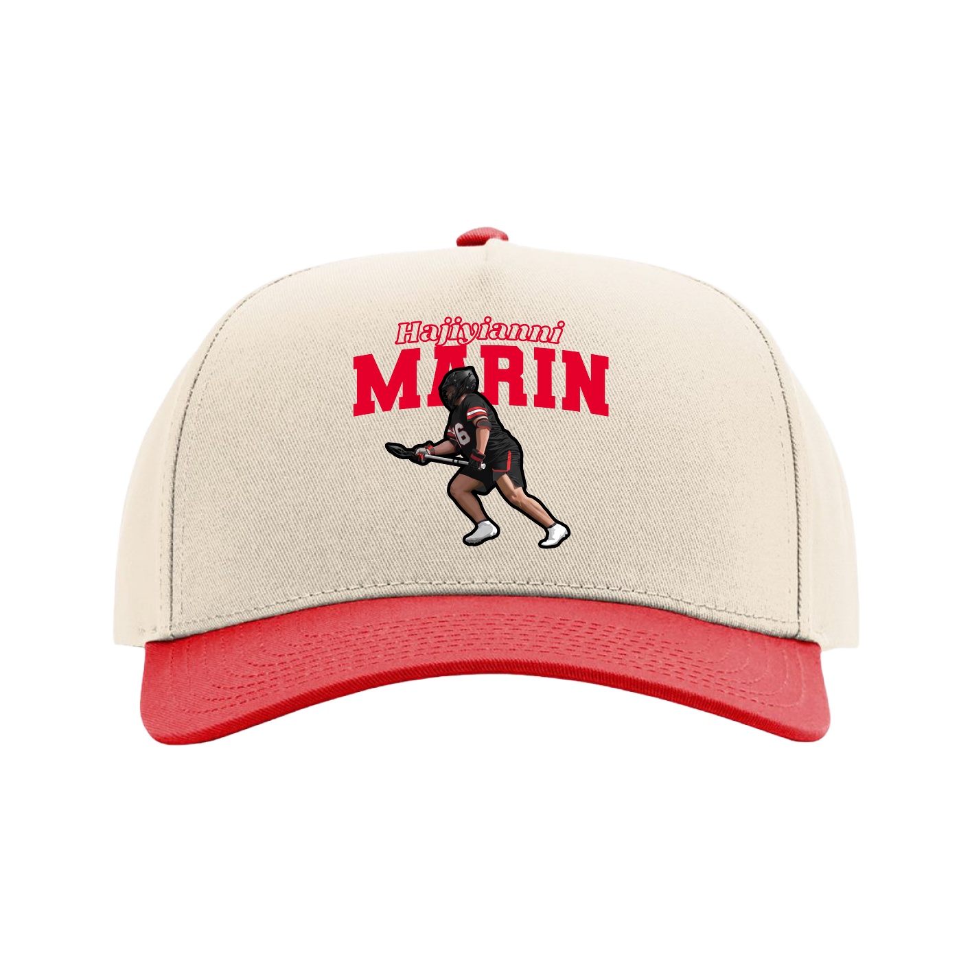 Full Fabric Five-Panel Champ Cap — Name Arch in Cream/Red