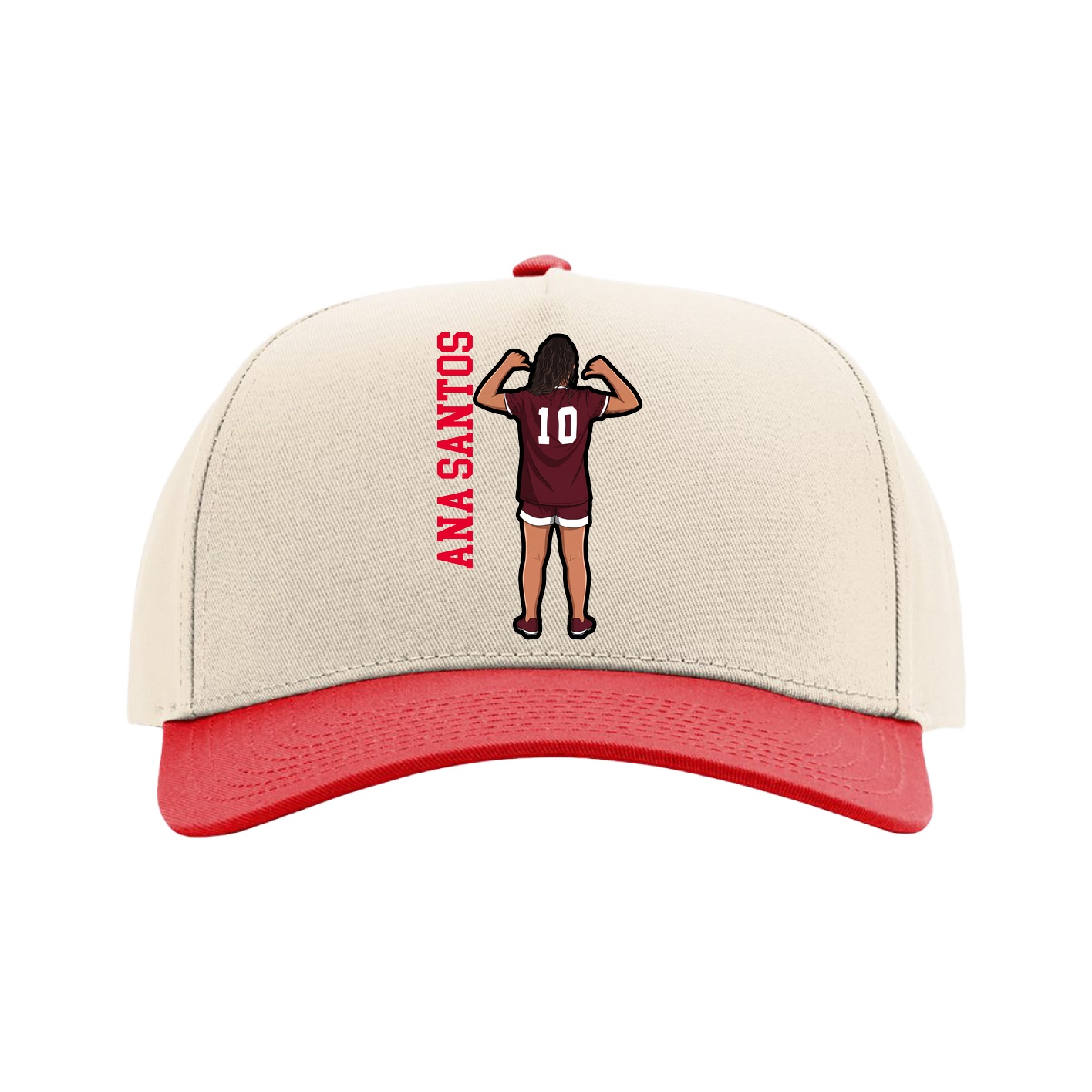 Full Fabric Five-Panel Champ Cap — Name Vertical in Cream/Red
