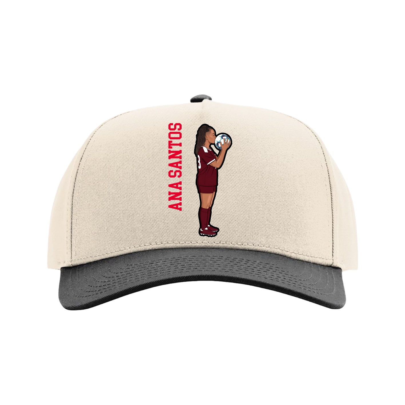 Full Fabric Five-Panel Champ Cap — Name Vertical in Cream/Black