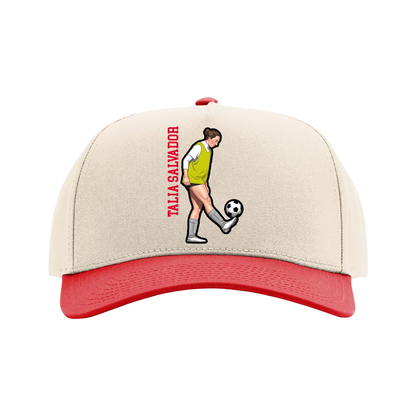 Full Fabric Five-Panel Champ Cap — Name Vertical in Cream/Red